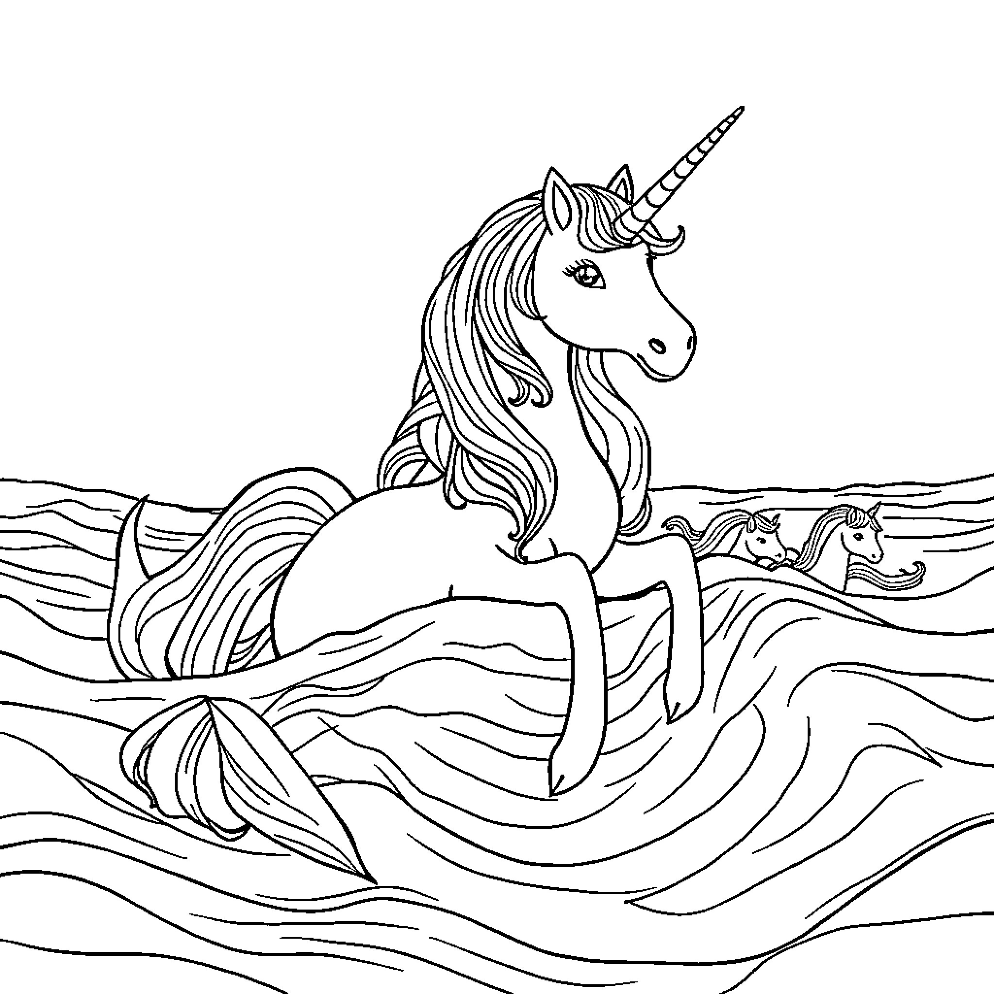 Unicorn swimming gracefully in the ocean waves Coloring Page (free black-and-white line drawing printable PDF for all, from beginners to advanced learners, including children, teens, adults, and seniors)