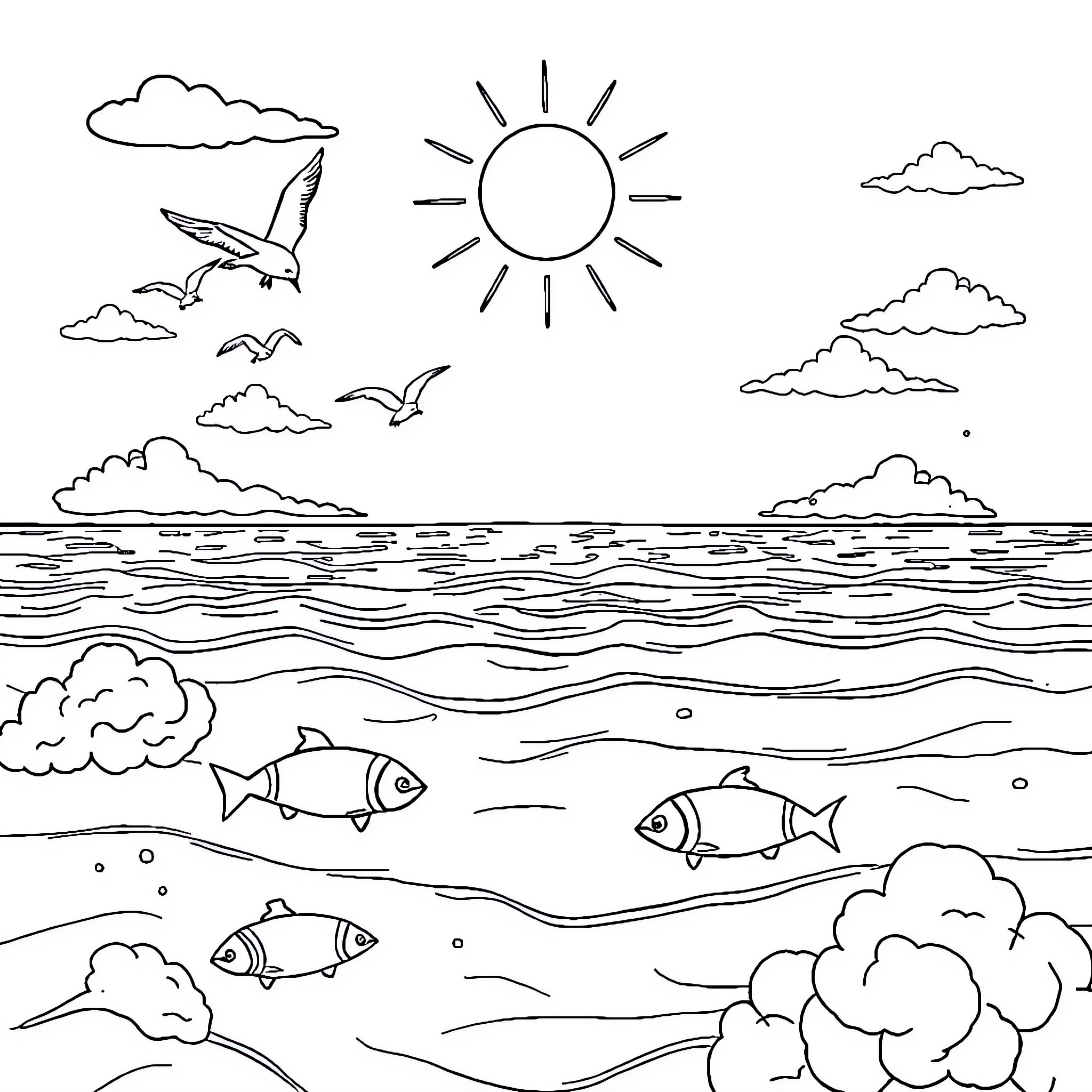 Sea creatures swimming under the sun Coloring Page (free black-and-white line drawing printable PDF for all, from beginners to advanced learners, including children, teens, adults, and seniors)