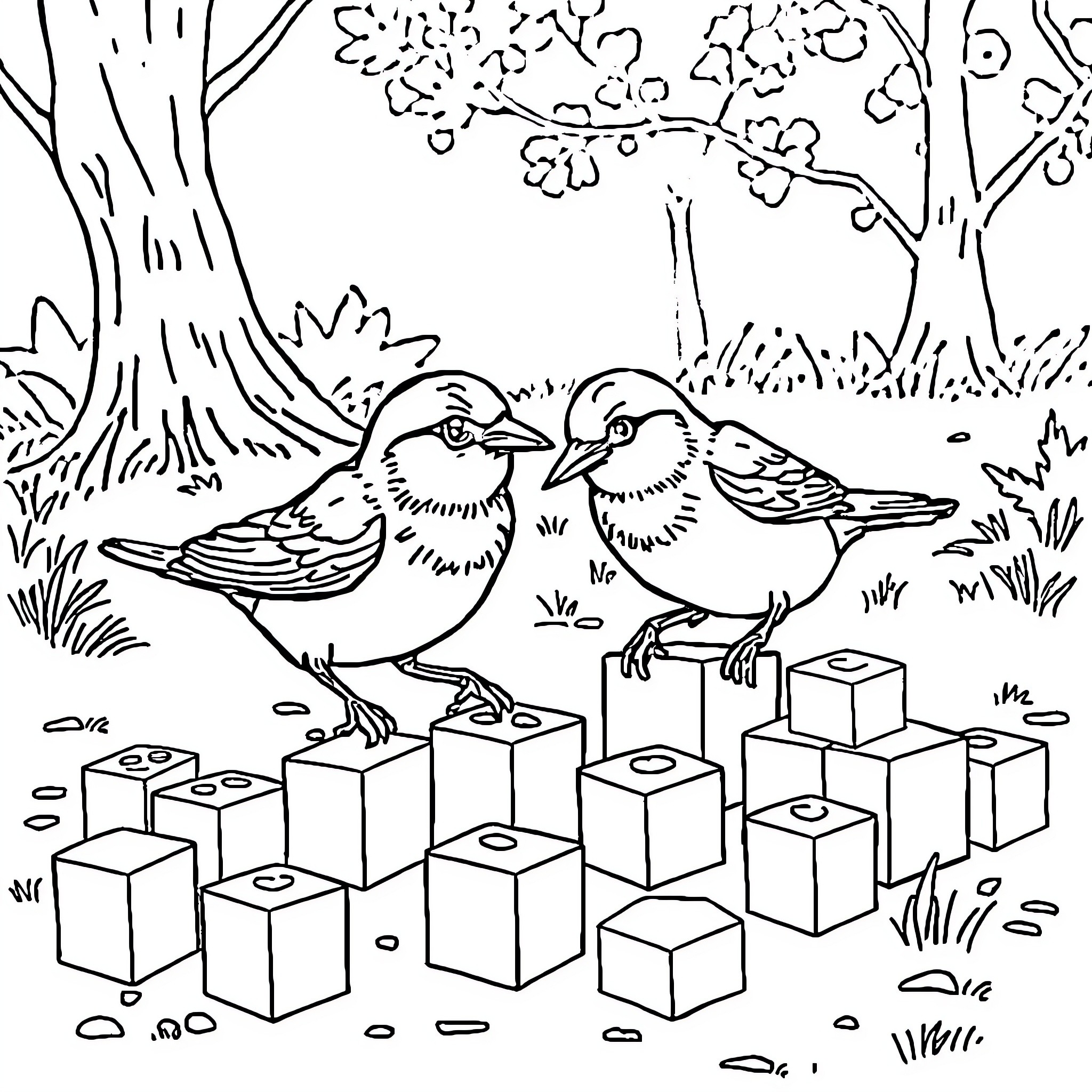 Sparrow duo exploring a forest playground Coloring Page (free black-and-white line drawing printable PDF for all, from beginners to advanced learners, including children, teens, adults, and seniors)