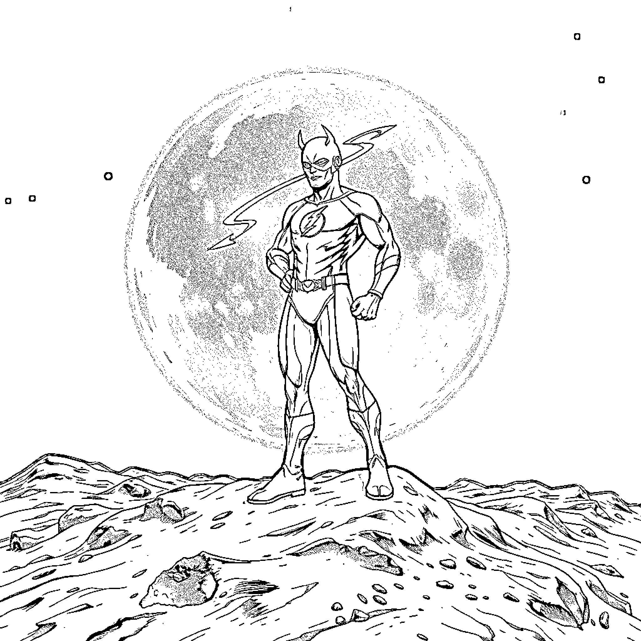 Flash hero standing before a lunar landscape Coloring Page (free black-and-white line drawing printable PDF for all, from beginners to advanced learners, including children, teens, adults, and seniors)