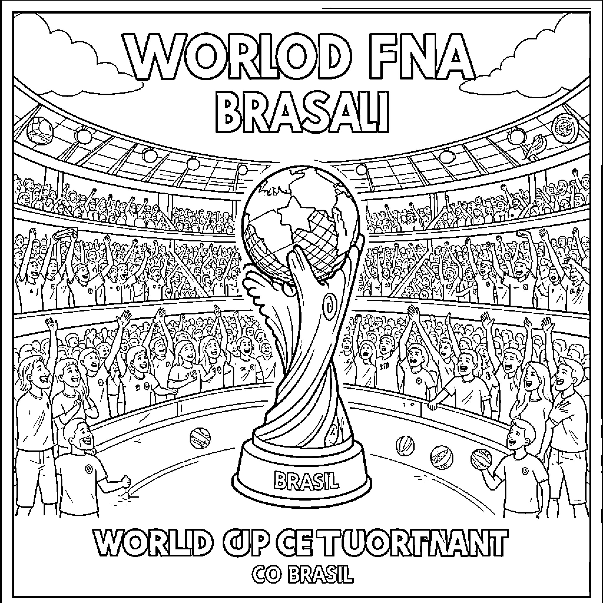 World Cup fans cheering in a crowded stadium Coloring Page (free black-and-white line drawing printable PDF for all, from beginners to advanced learners, including children, teens, adults, and seniors)