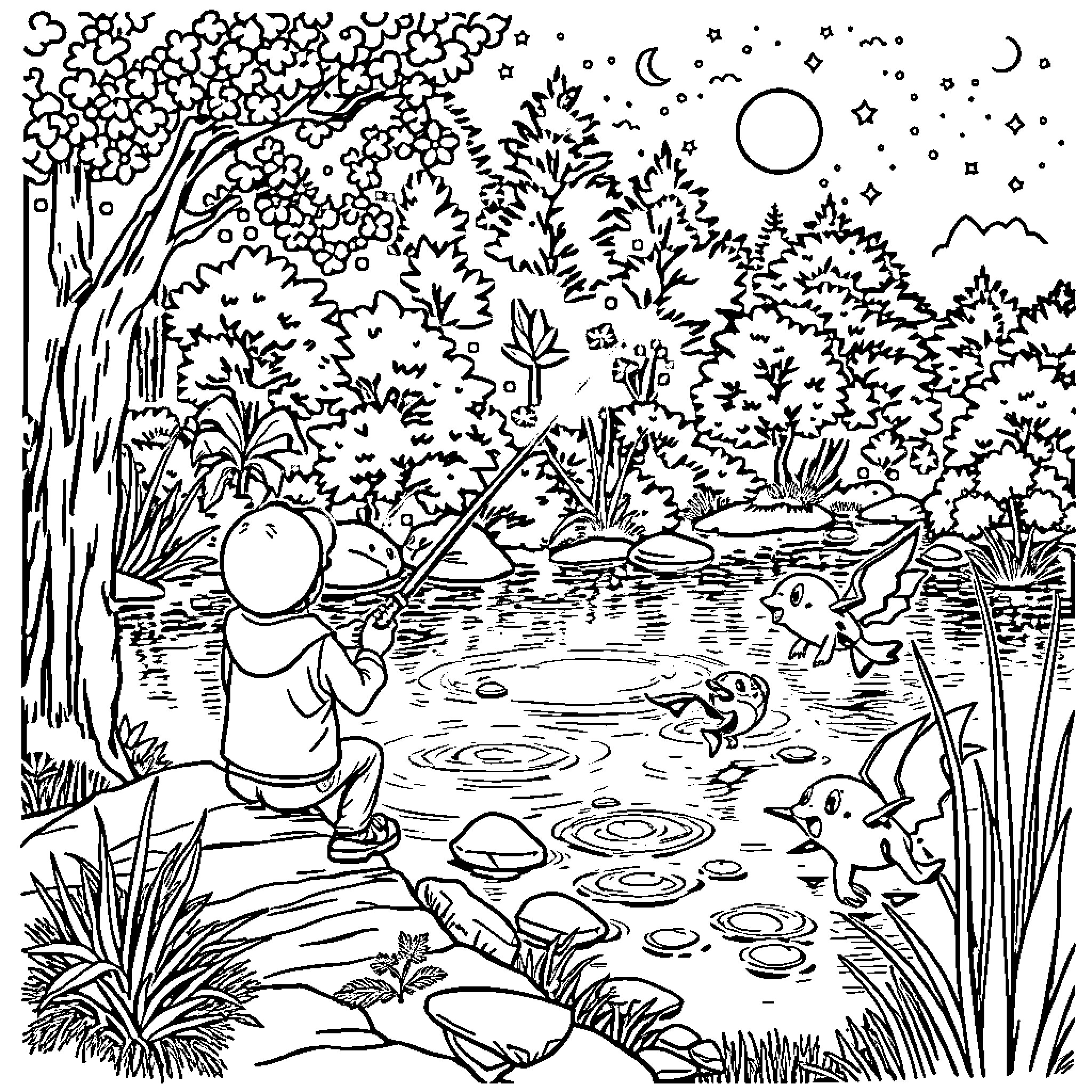 Pokémon characters exploring a serene forest landscape Coloring Page (free black-and-white line drawing printable PDF for all, from beginners to advanced learners, including children, teens, adults, and seniors)