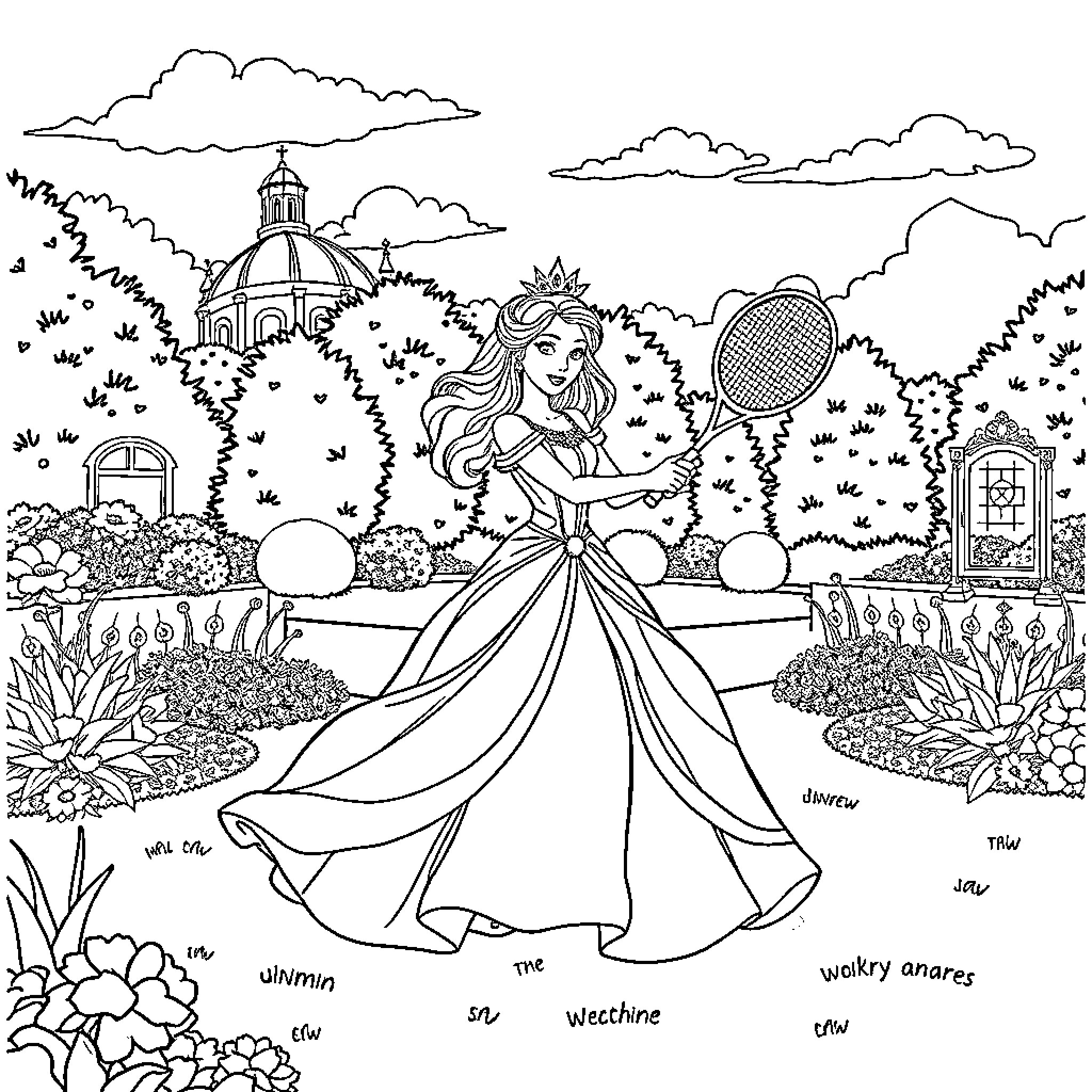 Princess exploring the garden with tennis racket Coloring Page (free black-and-white line drawing printable PDF for all, from beginners to advanced learners, including children, teens, adults, and seniors)