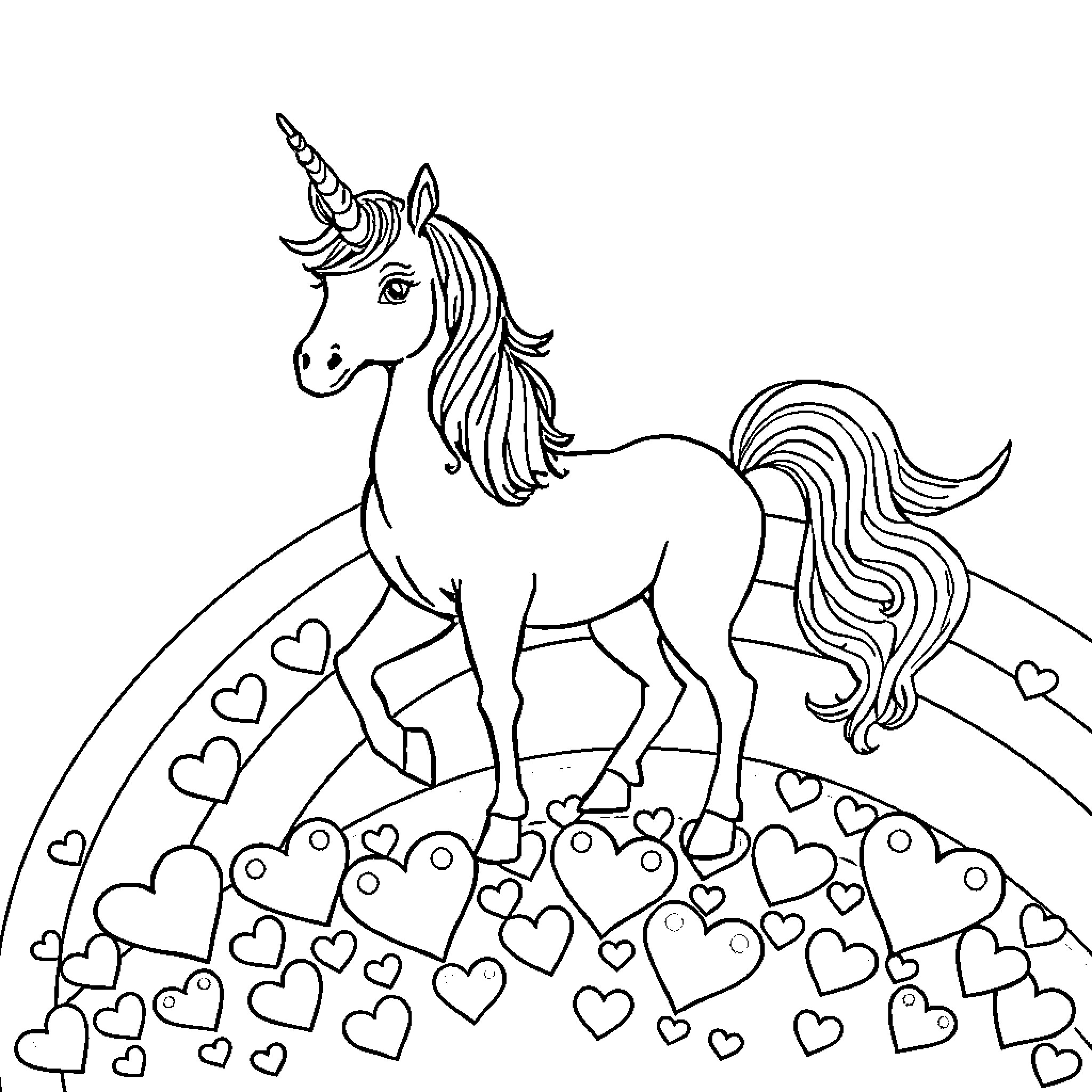 Unicorn standing proudly on a heart-filled meadow Coloring Page (free black-and-white line drawing printable PDF for all, from beginners to advanced learners, including children, teens, adults, and seniors)