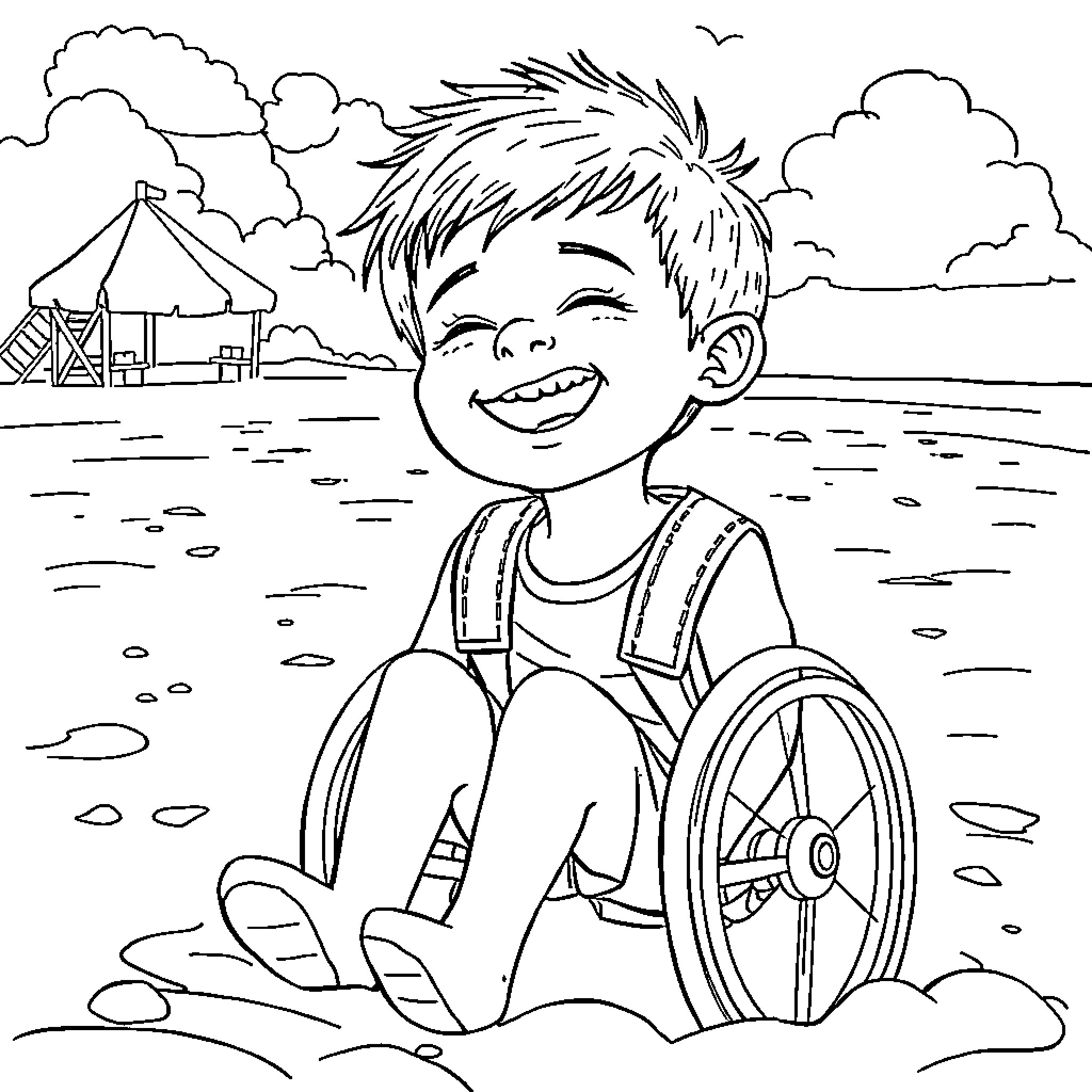 Niño joven feliz jugando en la playa Coloring Page (free black-and-white line drawing printable PDF for all, from beginners to advanced learners, including children, teens, adults, and seniors)