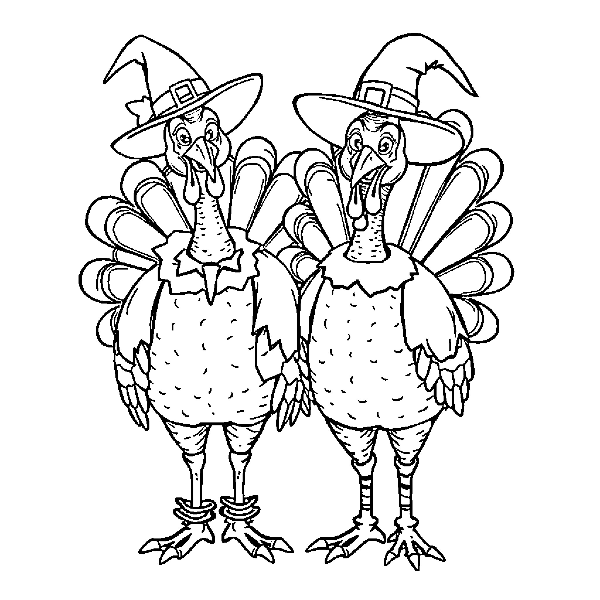 Turkey friends in Thanksgiving hats Coloring Page (free black-and-white line drawing printable PDF for all, from beginners to advanced learners, including children, teens, adults, and seniors)