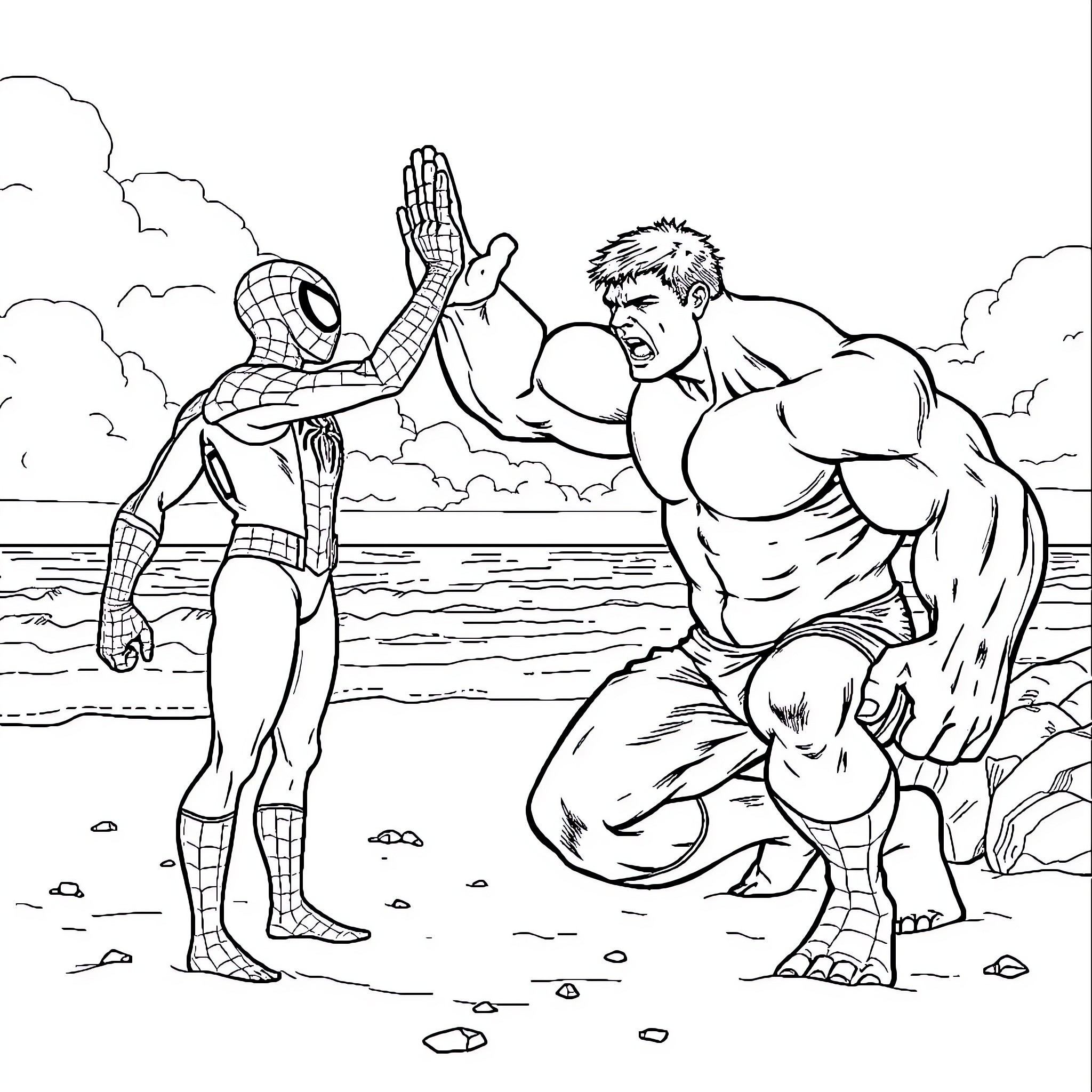 Hulk and Spider-Man engage in a dramatic confrontation Coloring Page (free black-and-white line drawing printable PDF for all, from beginners to advanced learners, including children, teens, adults, and seniors)