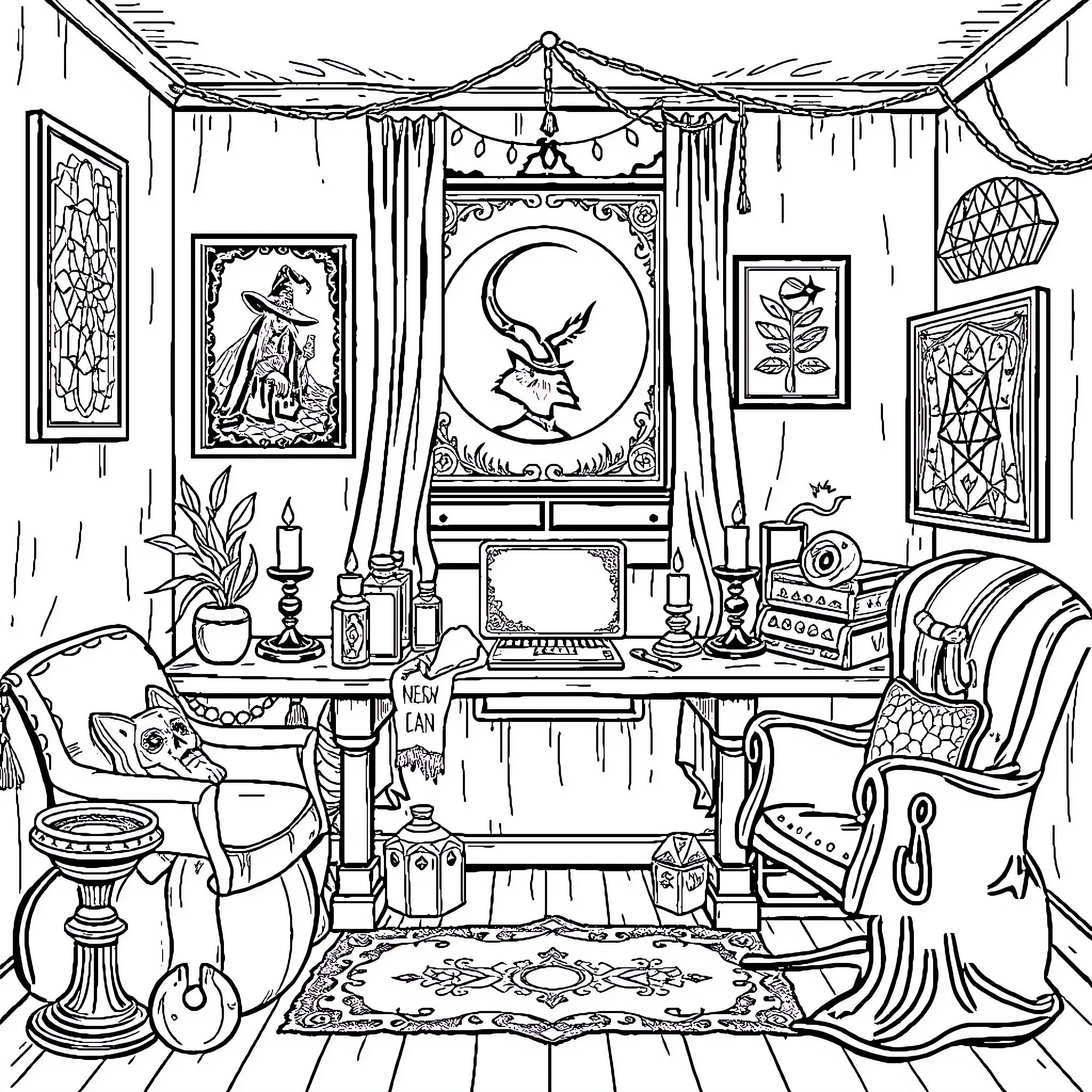 Home Office of Artistic Expression Coloring Page (free black-and-white line drawing printable PDF for all, from beginners to advanced learners, including children, teens, adults, and seniors)