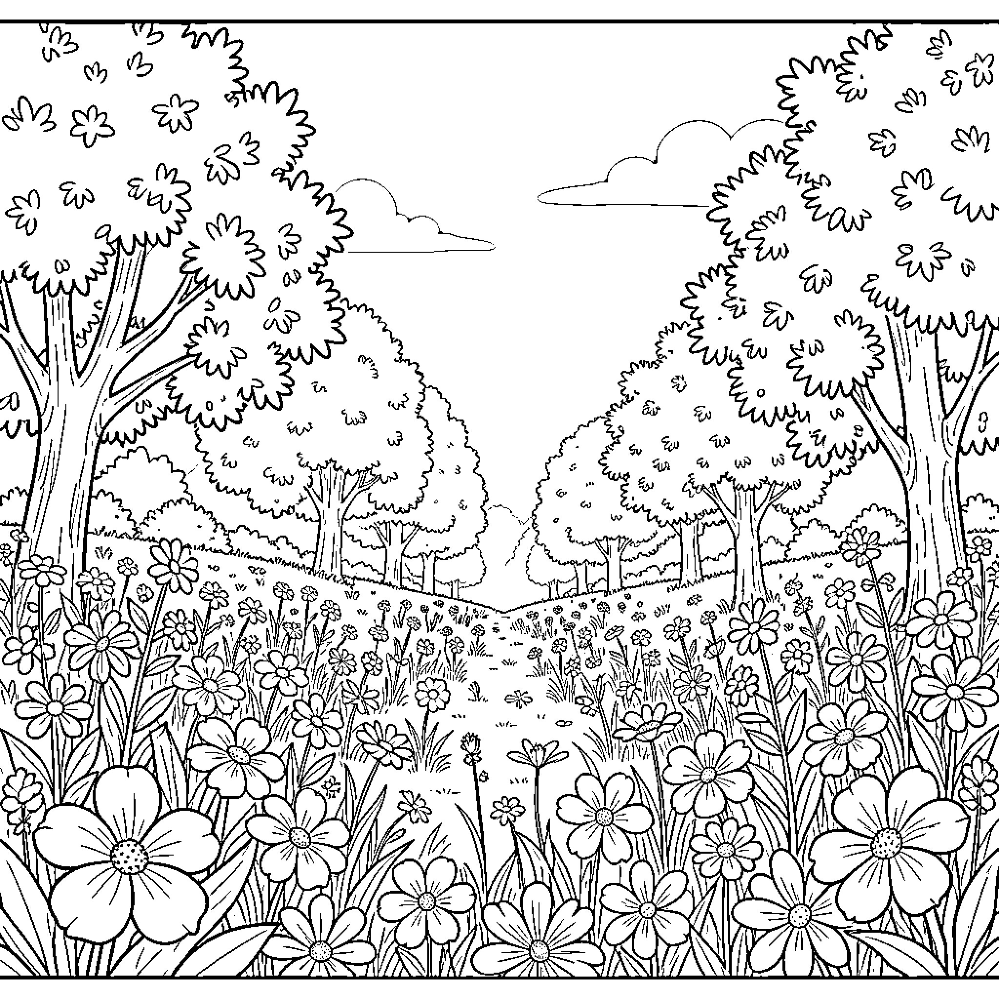 Summer Landscape with Blooming Flowers Coloring Page (free black-and-white line drawing printable PDF for all, from beginners to advanced learners, including children, teens, adults, and seniors)