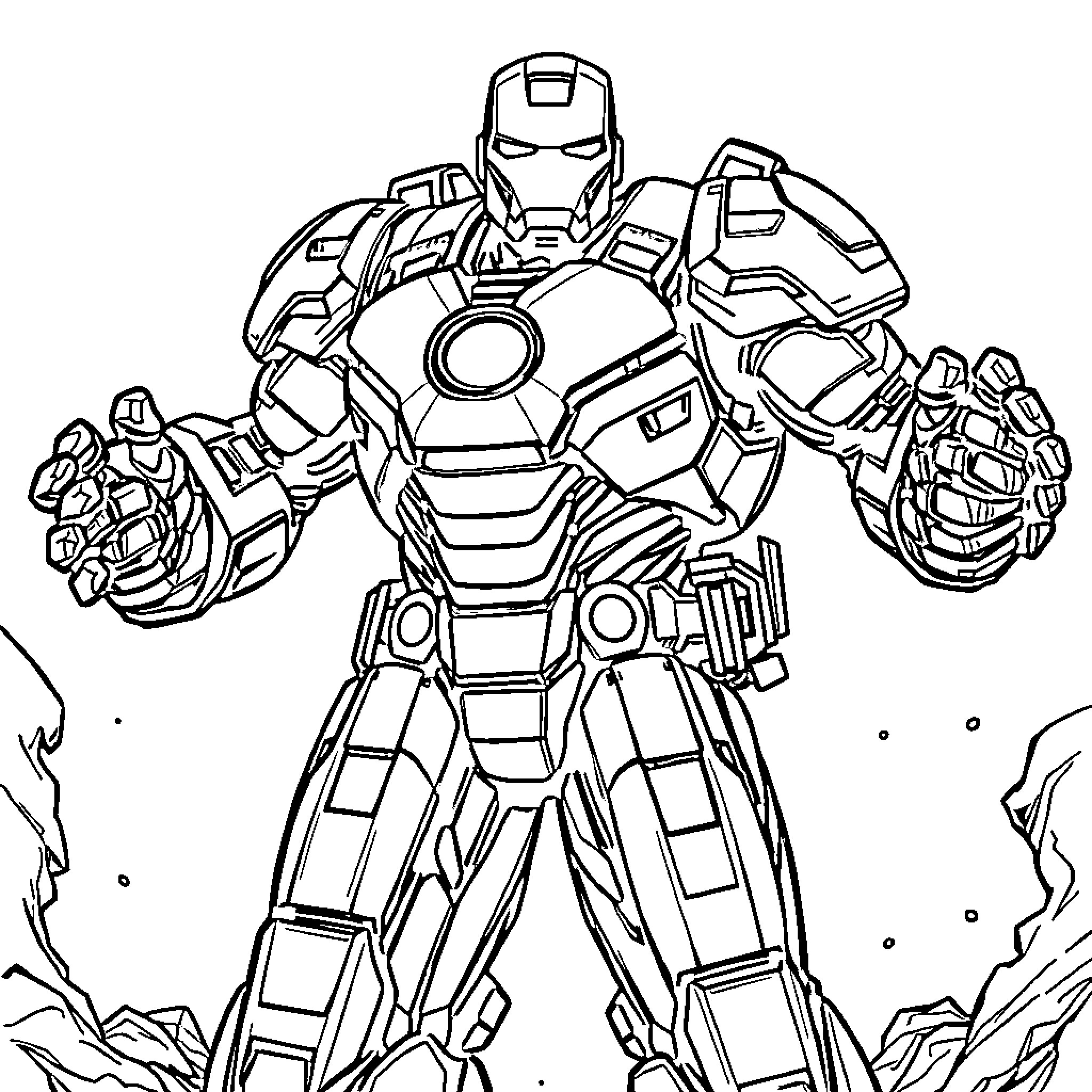 Ironman in action-packed battle pose Coloring Page (free black-and-white line drawing printable PDF for all, from beginners to advanced learners, including children, teens, adults, and seniors)