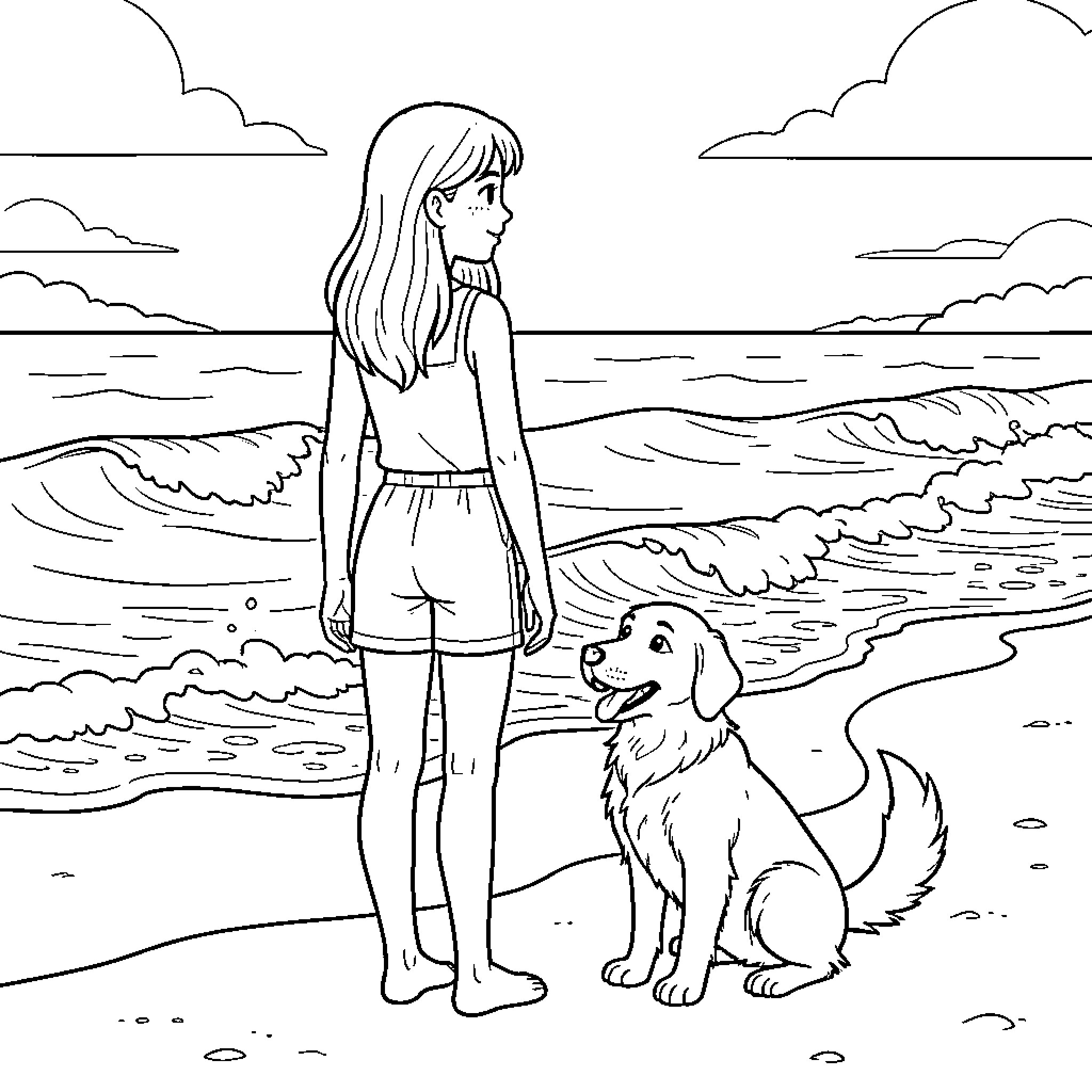Woman standing on the beach with her dog Coloring Page (free black-and-white line drawing printable PDF for all, from beginners to advanced learners, including children, teens, adults, and seniors)