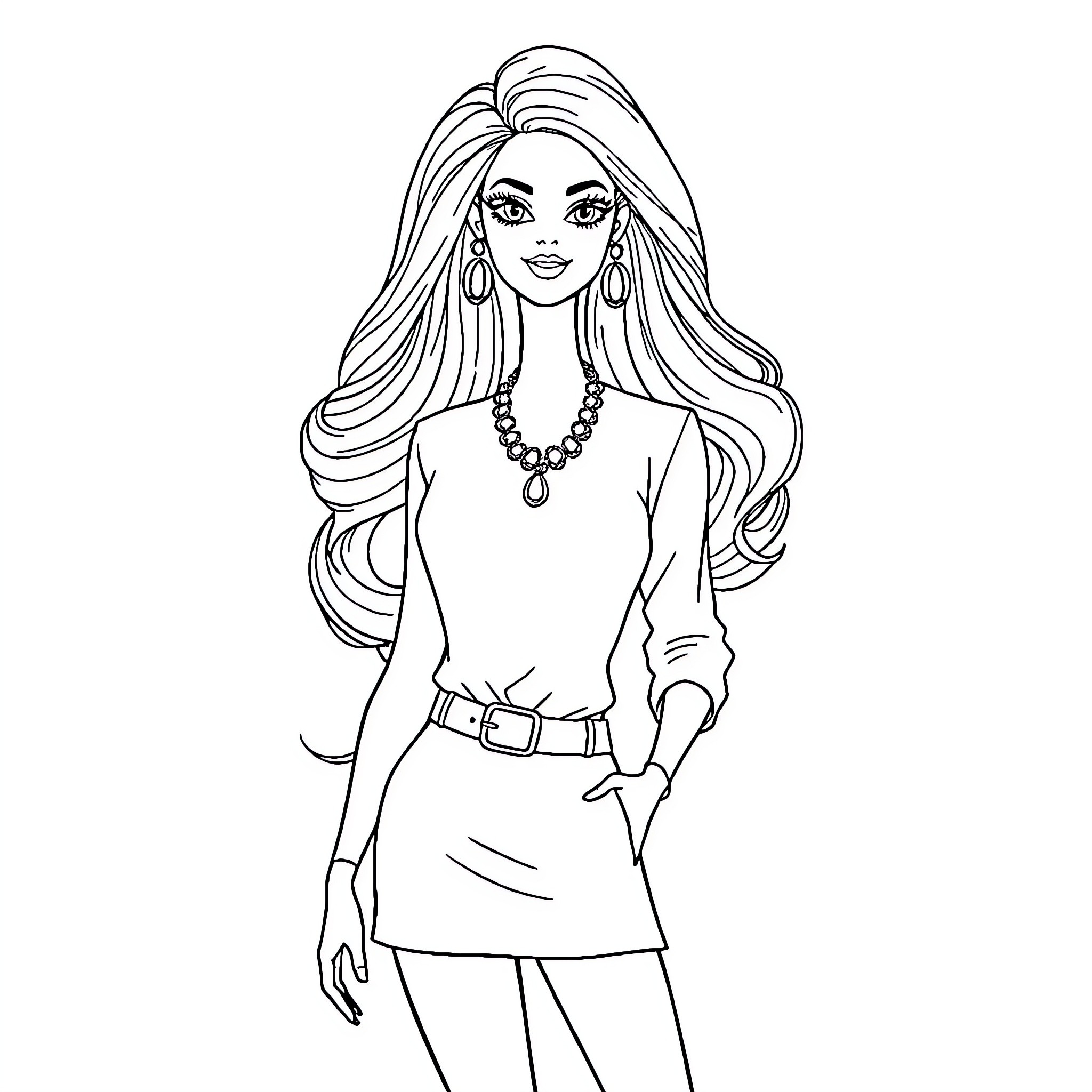 Barbie posing confidently in stylish outfit Coloring Page (free black-and-white line drawing printable PDF for all, from beginners to advanced learners, including children, teens, adults, and seniors)