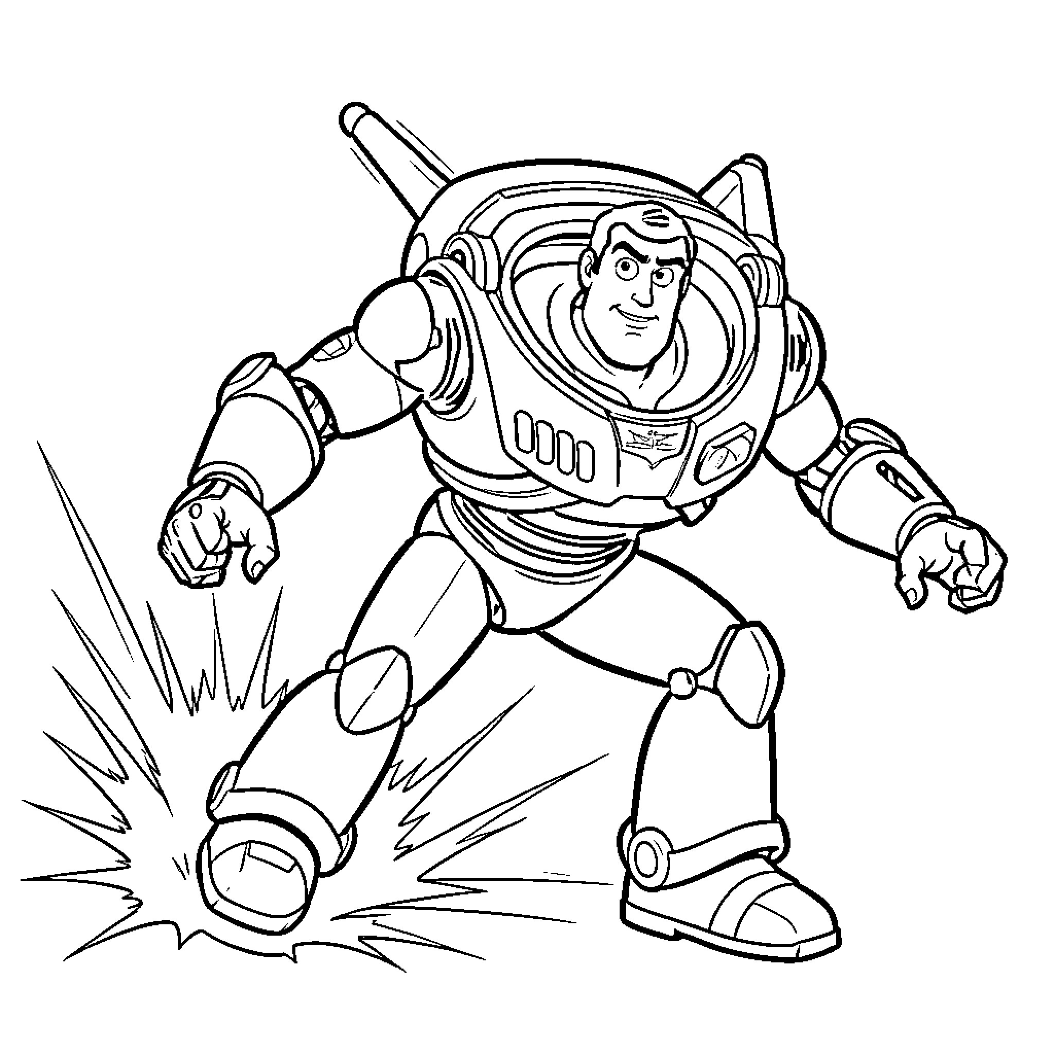 Buzz Lightyear standing in a heroic action pose Coloring Page (free black-and-white line drawing printable PDF for all, from beginners to advanced learners, including children, teens, adults, and seniors)