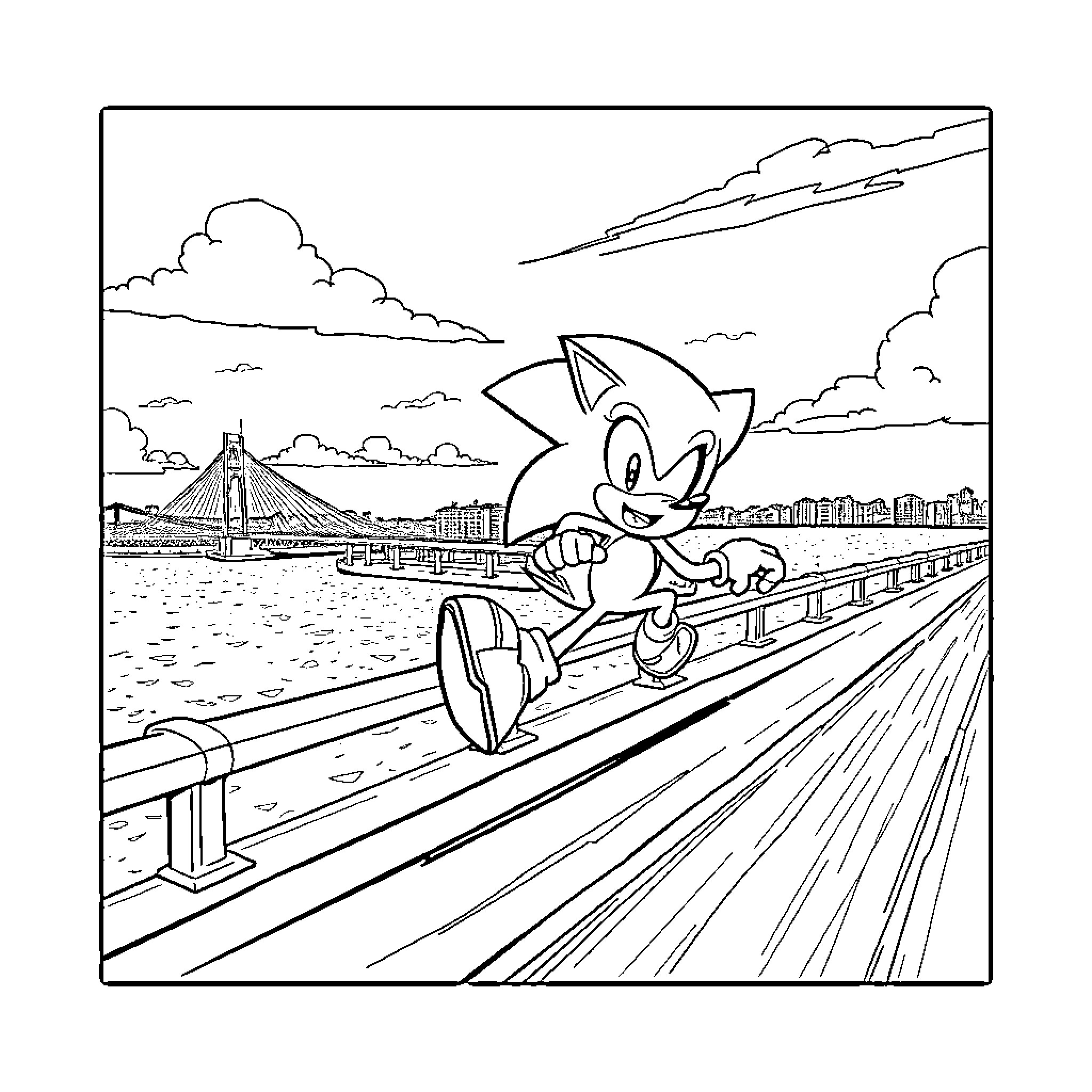 Sonic running along a cityscape bridge Coloring Page (free black-and-white line drawing printable PDF for all, from beginners to advanced learners, including children, teens, adults, and seniors)