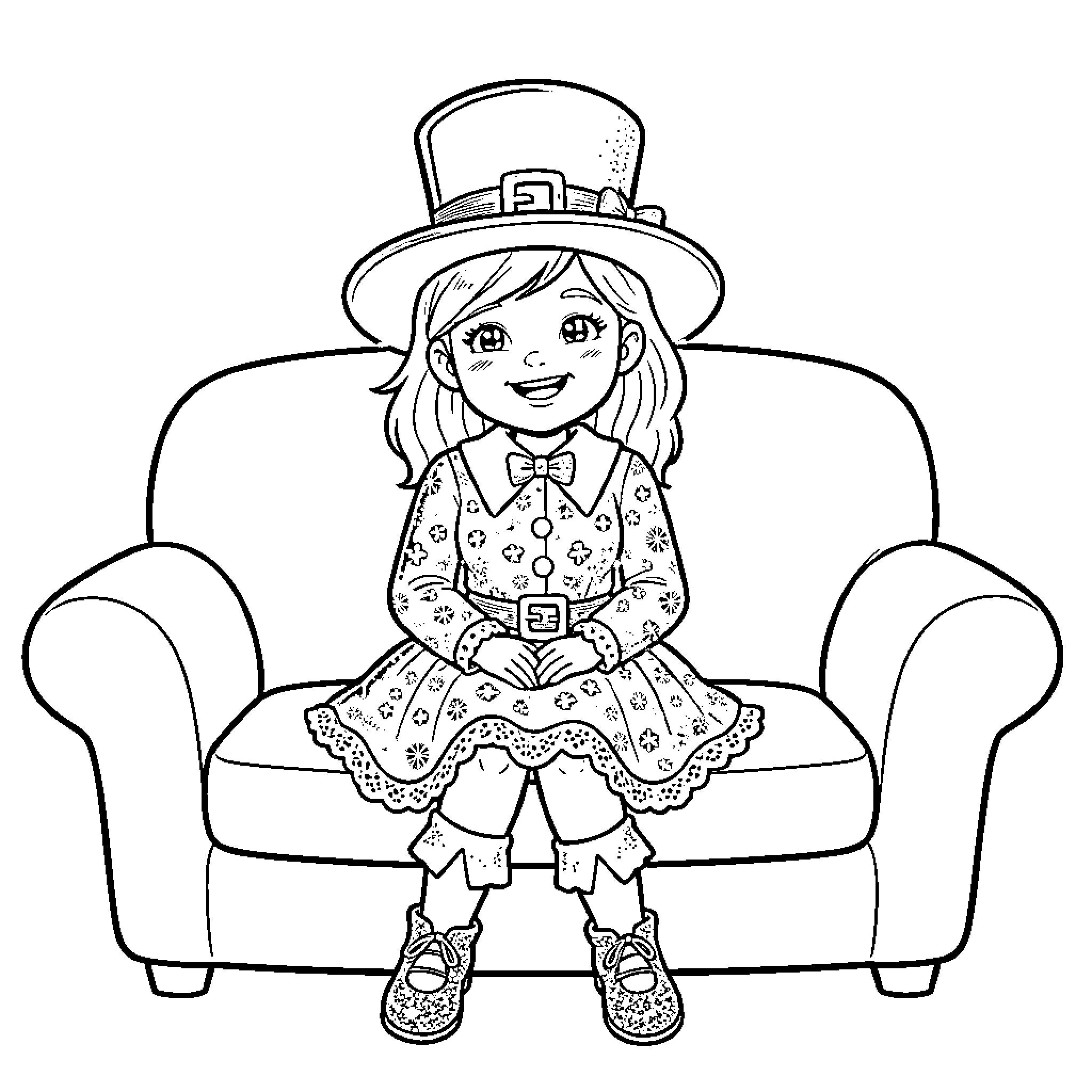 Girl in Festive Outfit Sitting on Couch Coloring Page (free black-and-white line drawing printable PDF for all, from beginners to advanced learners, including children, teens, adults, and seniors)