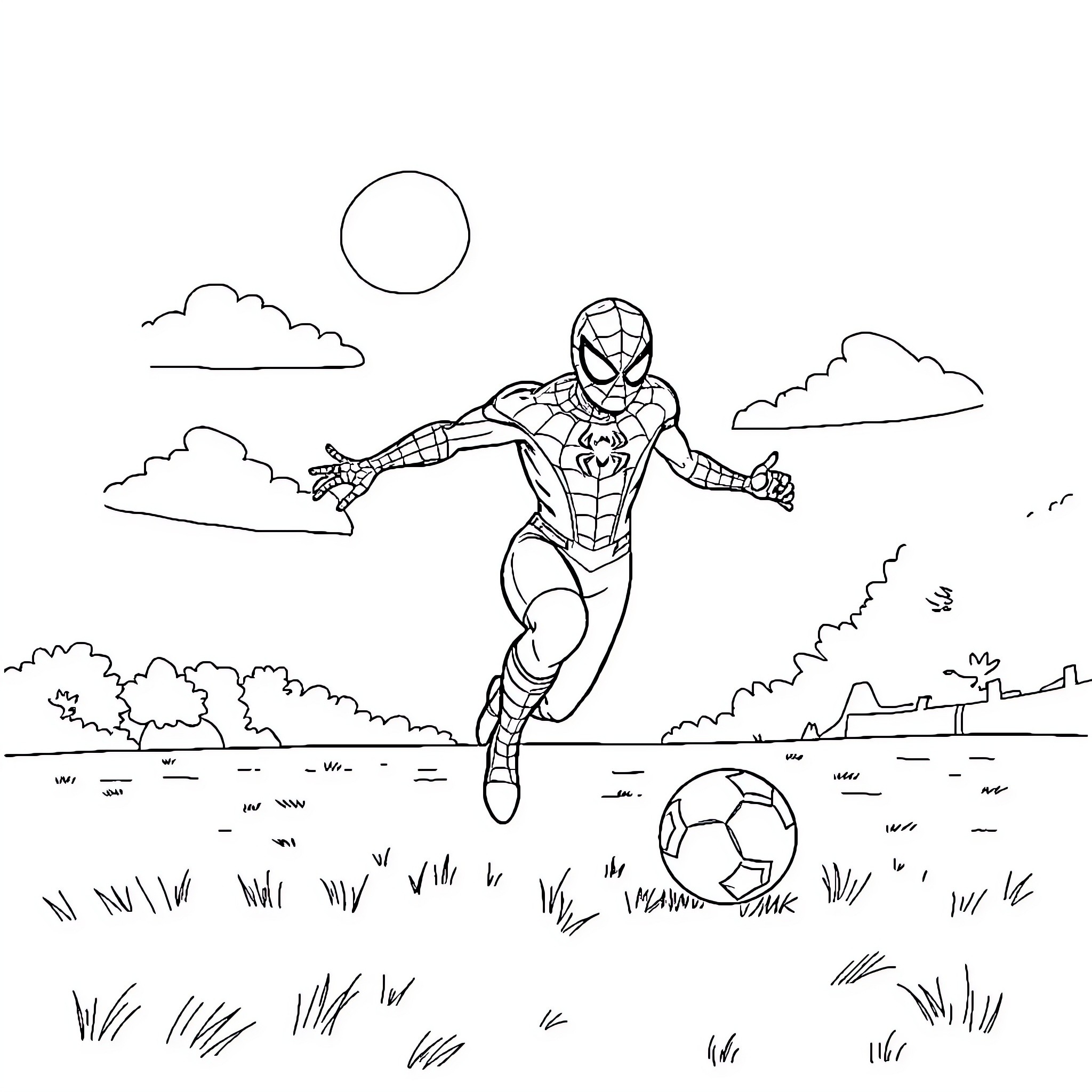 Spiderman swinging through the city with a soccer ball Coloring Page (free black-and-white line drawing printable PDF for all, from beginners to advanced learners, including children, teens, adults, and seniors)