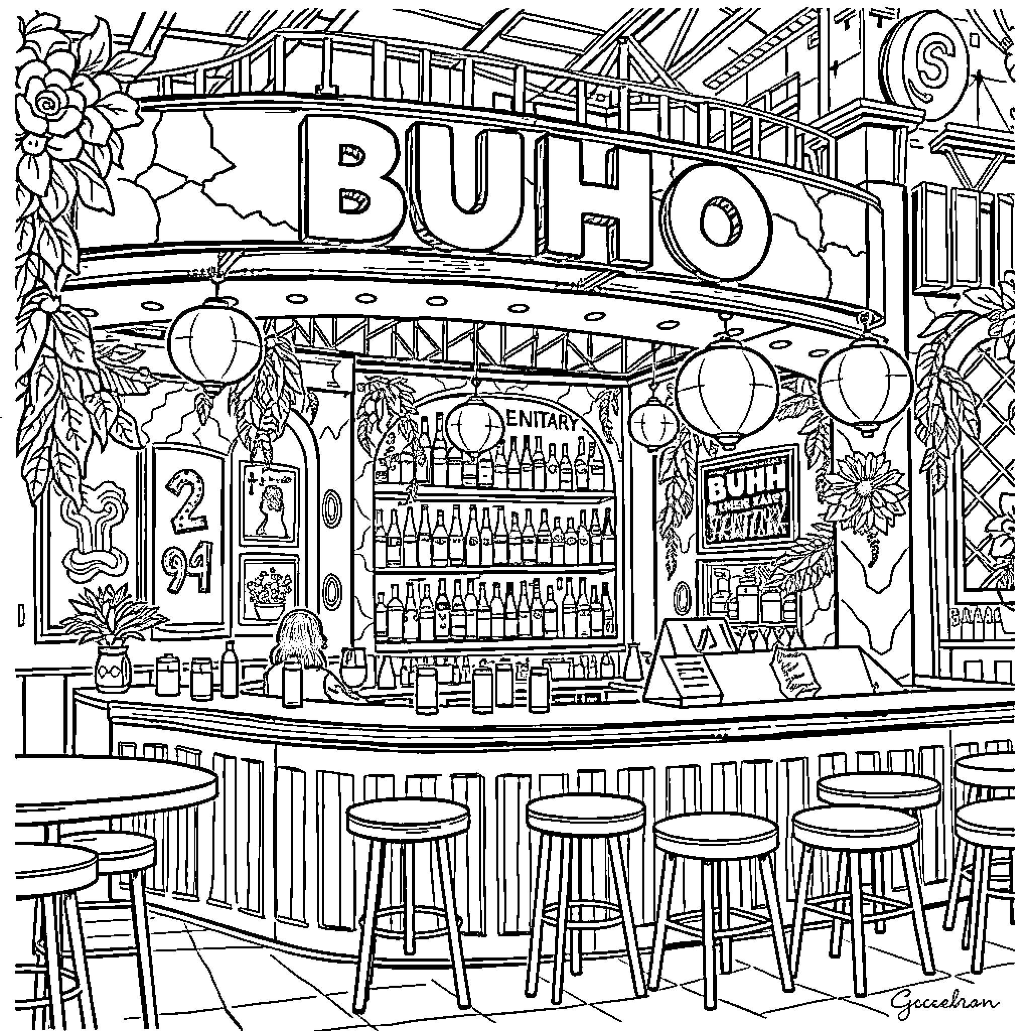 Owl Illustration of a Bustling Bar Scene Coloring Page (free black-and-white line drawing printable PDF for all, from beginners to advanced learners, including children, teens, adults, and seniors)