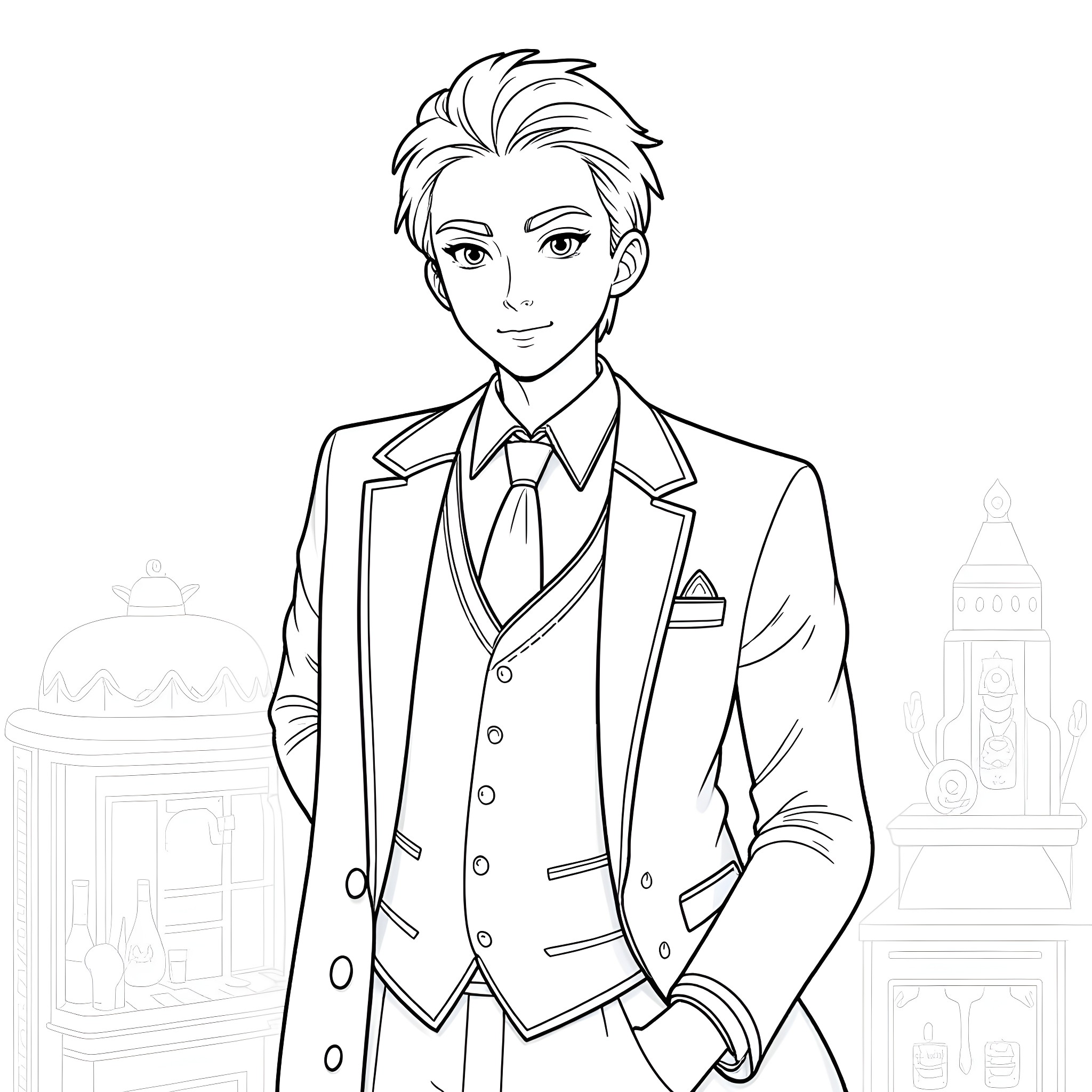 Draco Malfoy dressed formally in suit and tie Coloring Page (free black-and-white line drawing printable PDF for all, from beginners to advanced learners, including children, teens, adults, and seniors)