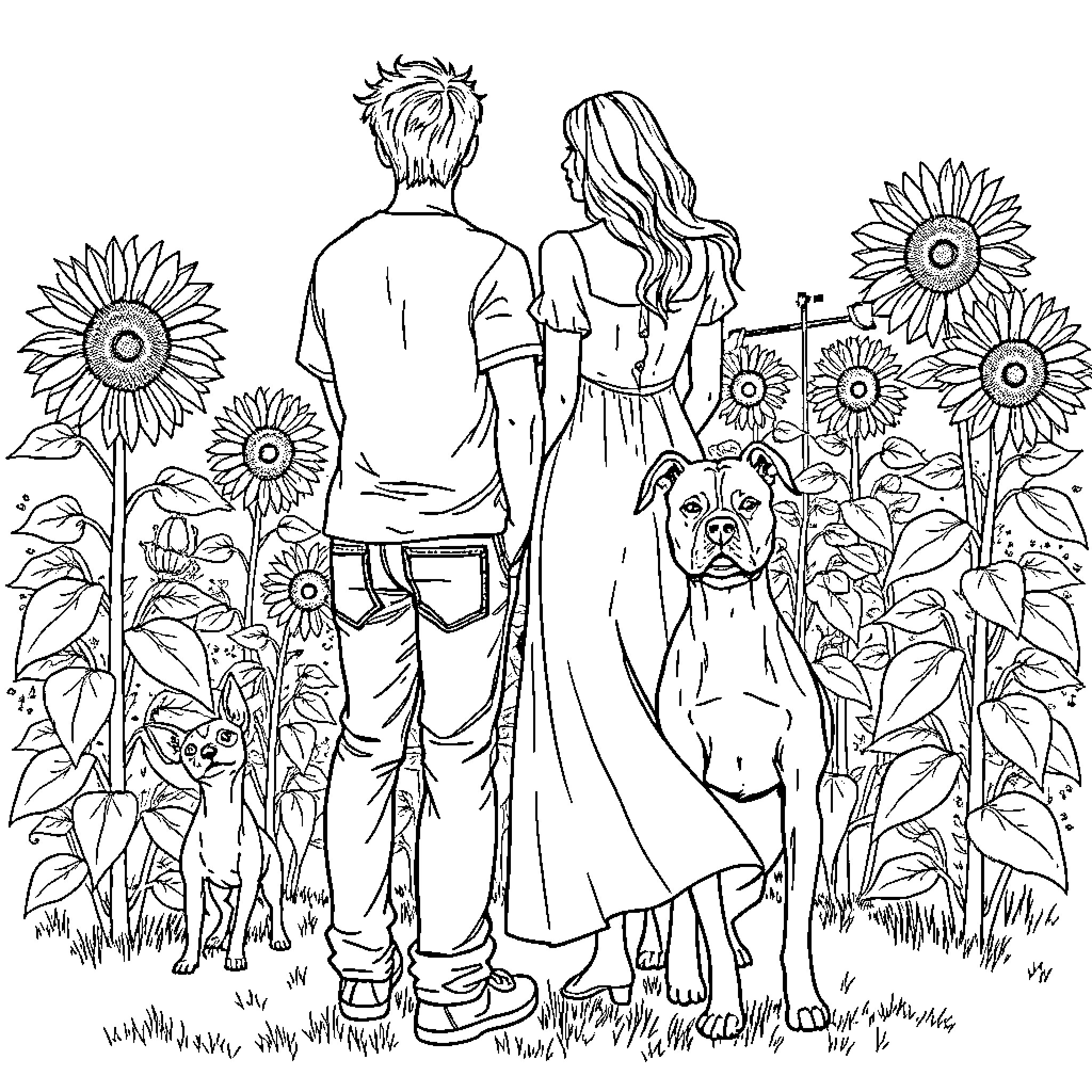Man and Woman Strolling with Dog in Sunflower Garden Coloring Page (free black-and-white line drawing printable PDF for all, from beginners to advanced learners, including children, teens, adults, and seniors)