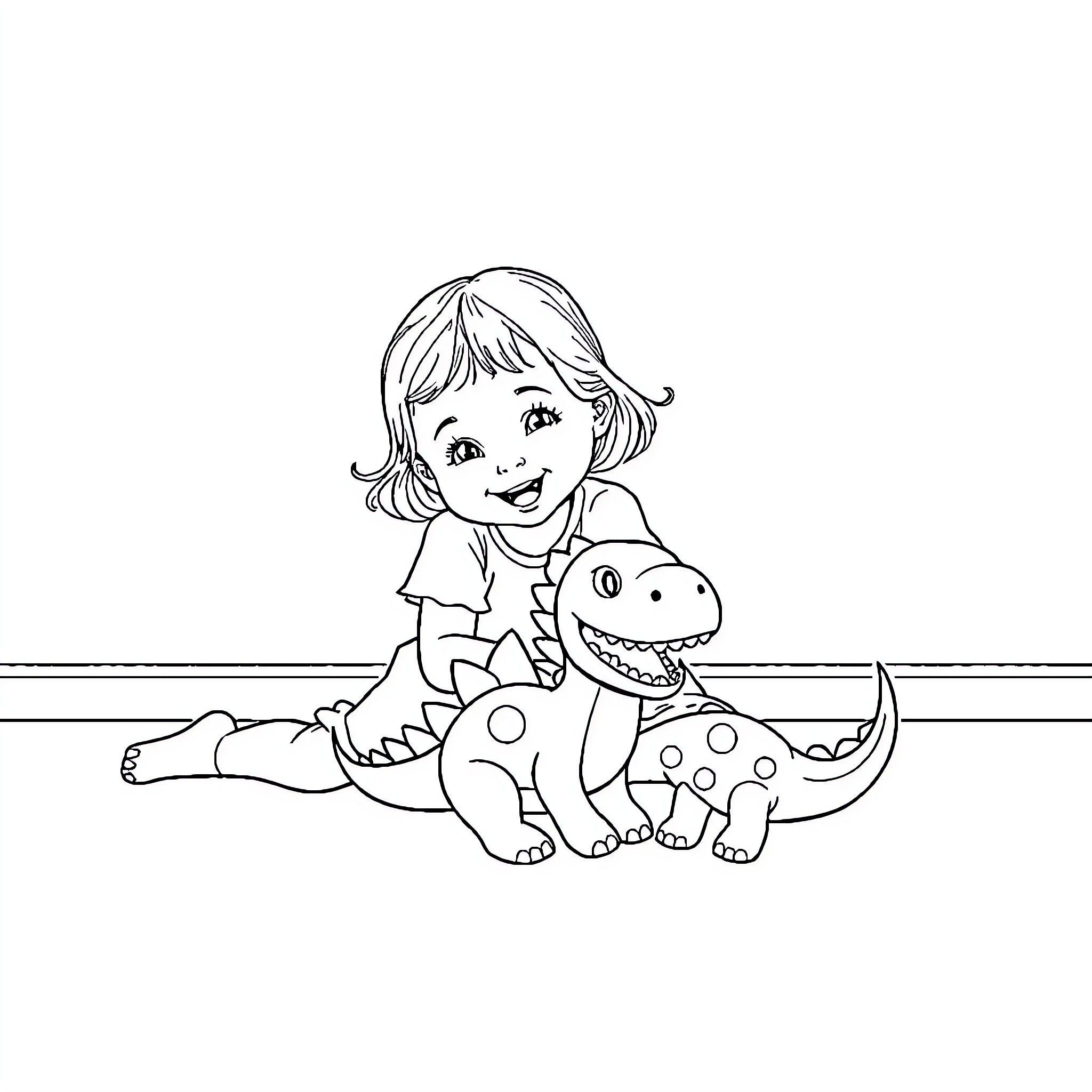 Girl playing with toy dinosaur Coloring Page (free black-and-white line drawing printable PDF for all, from beginners to advanced learners, including children, teens, adults, and seniors)