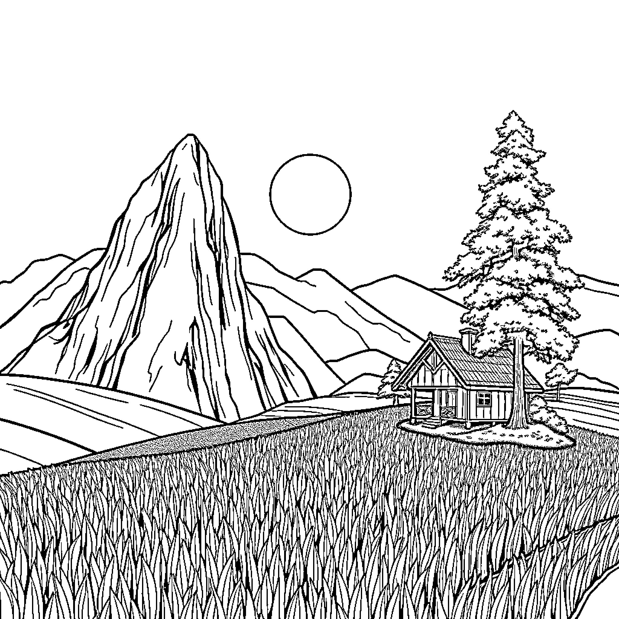 Mountain landscape with cabin in the field Coloring Page (free black-and-white line drawing printable PDF for all, from beginners to advanced learners, including children, teens, adults, and seniors)