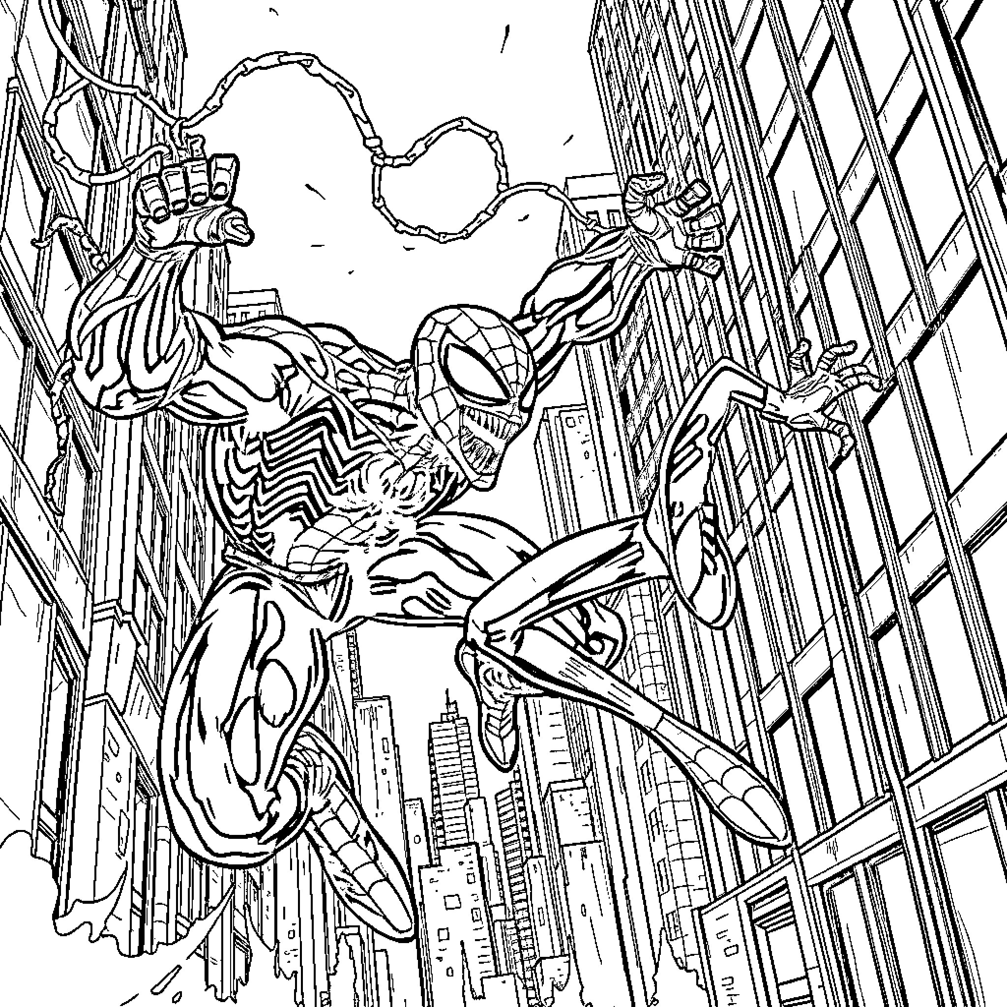 Carnage of Superhero Clash in Urban Landscape Coloring Page (free black-and-white line drawing printable PDF for all, from beginners to advanced learners, including children, teens, adults, and seniors)
