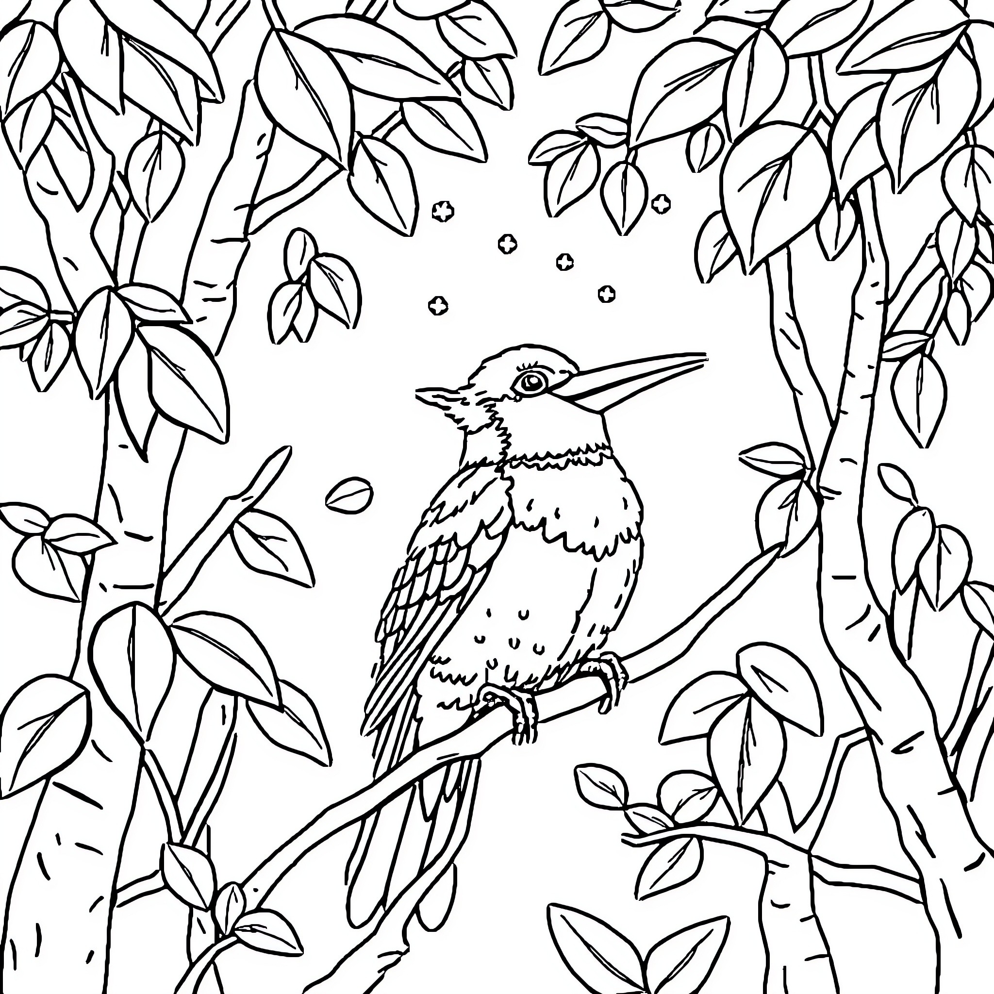 Bird perched amidst lush foliage Coloring Page (free black-and-white line drawing printable PDF for all, from beginners to advanced learners, including children, teens, adults, and seniors)