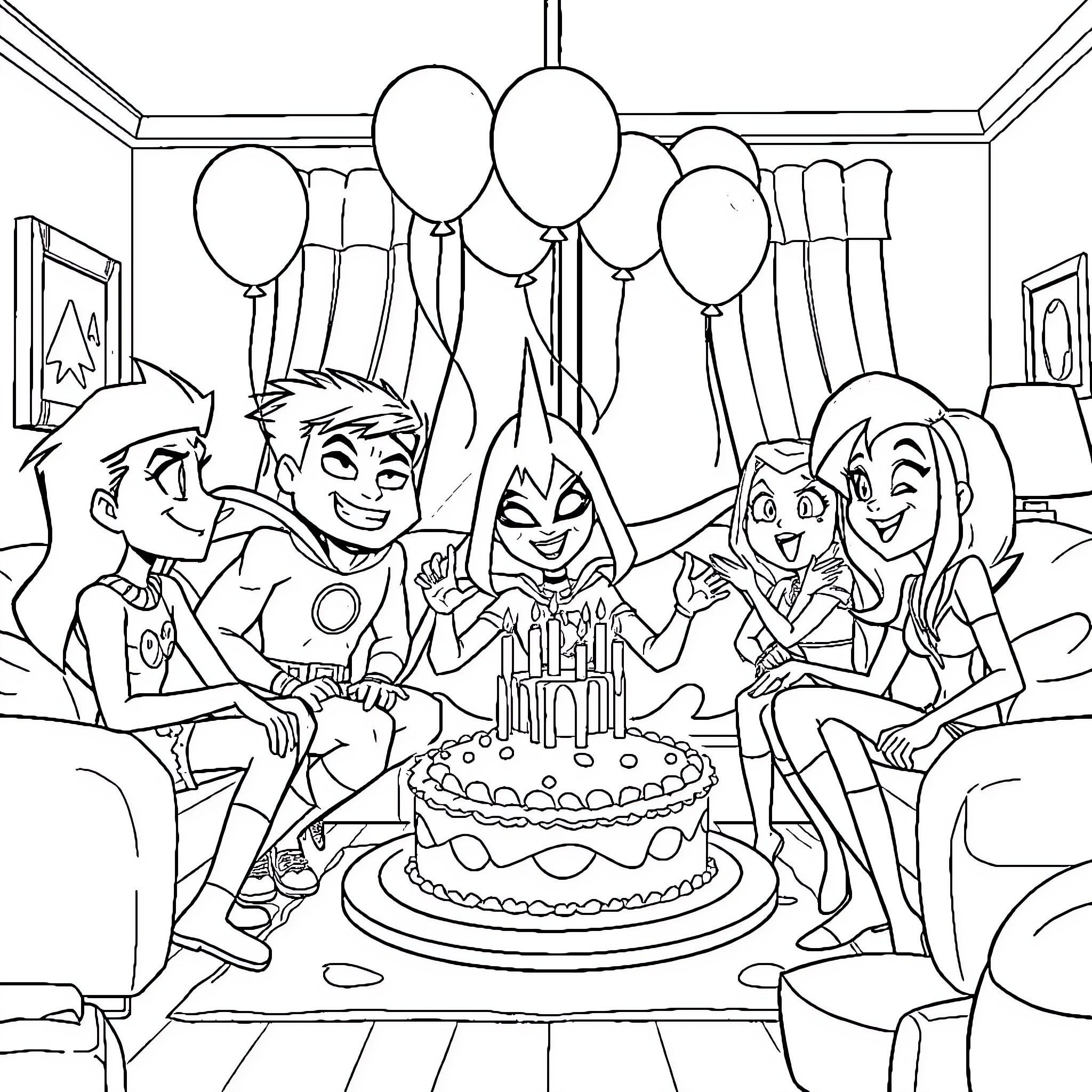 Teen Titans Celebrate Birthday Party Together Coloring Page (free black-and-white line drawing printable PDF for all, from beginners to advanced learners, including children, teens, adults, and seniors)