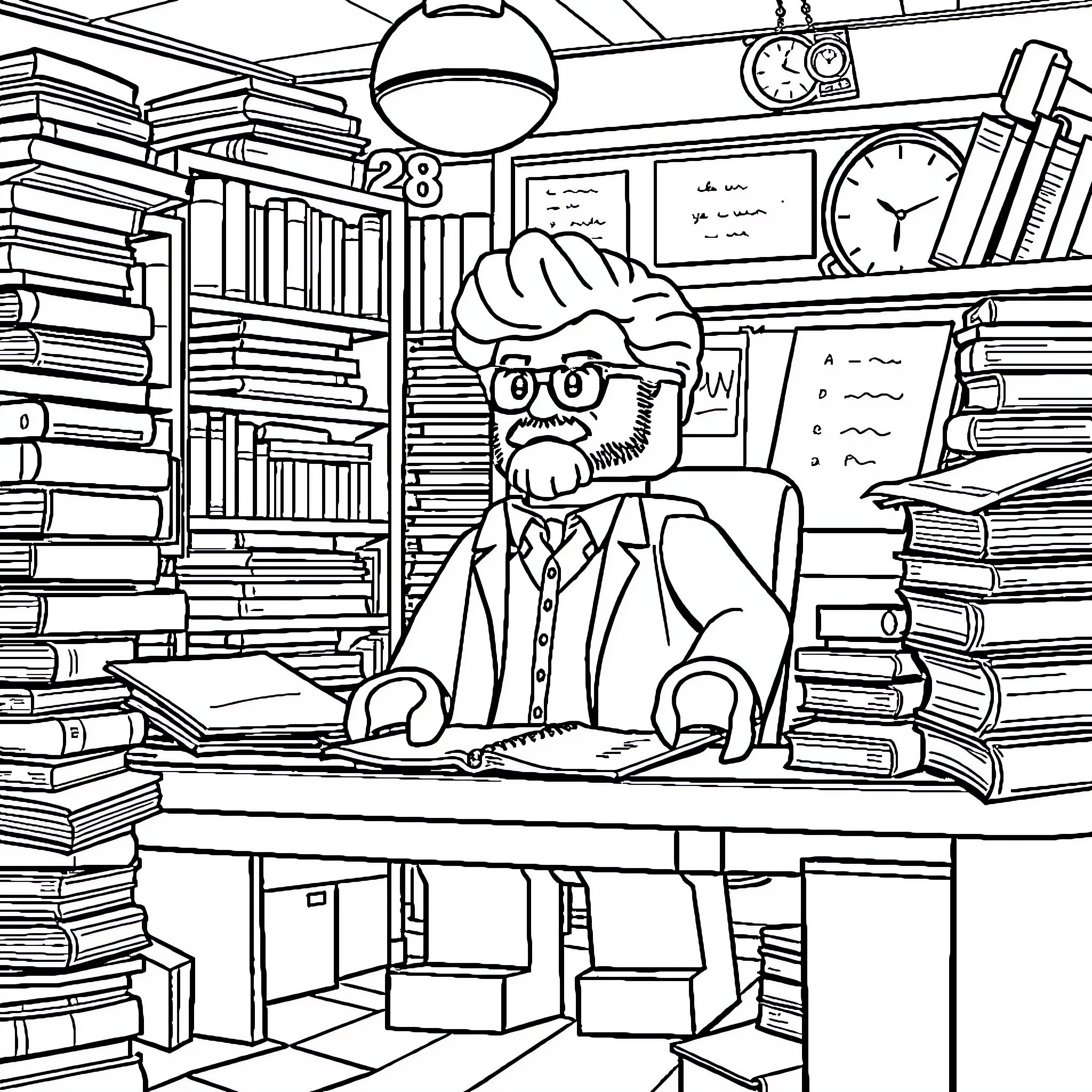 Professor Studying Diligently in Cluttered Library Coloring Page (free black-and-white line drawing printable PDF for all, from beginners to advanced learners, including children, teens, adults, and seniors)