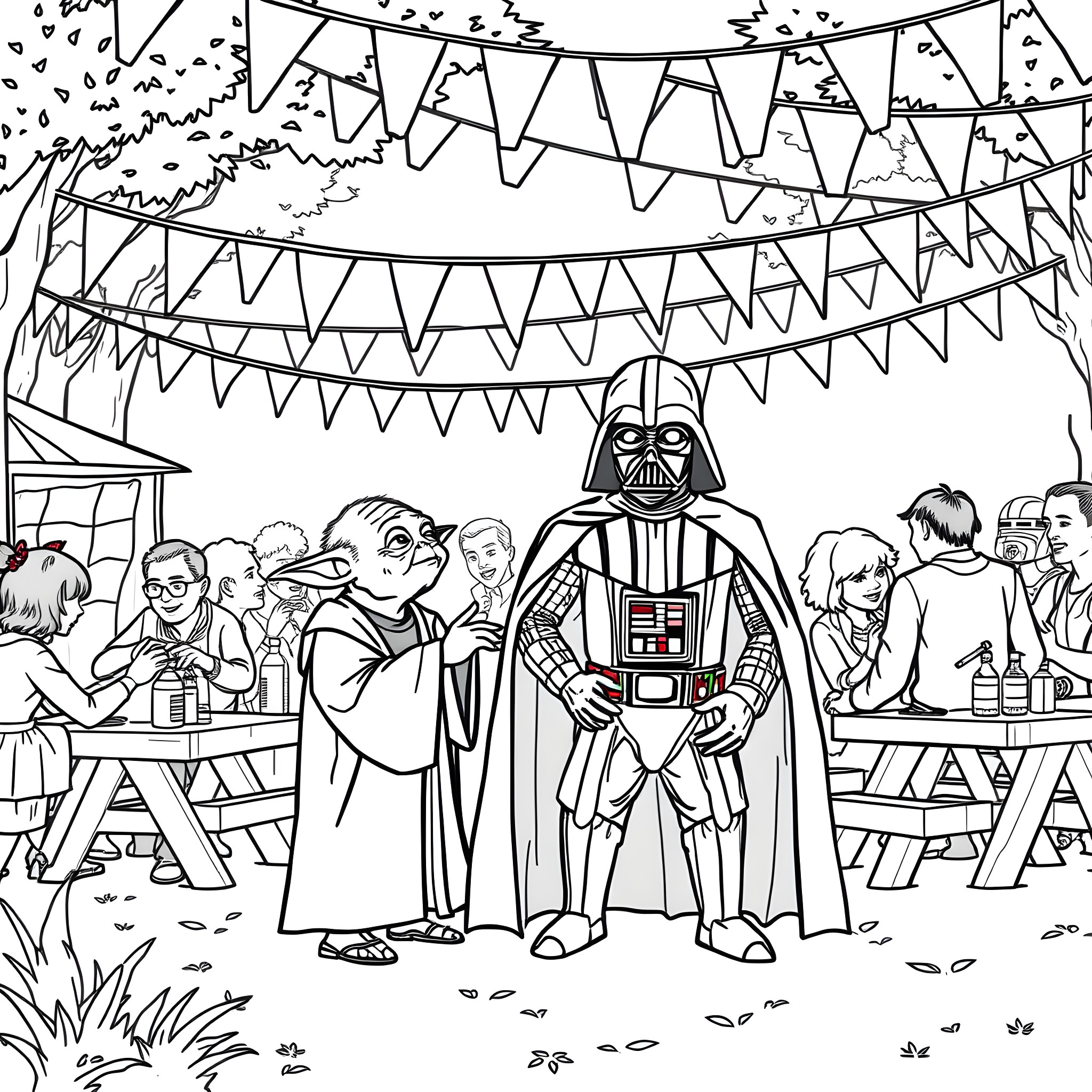Yoda and Darth Vader attend a lively party Coloring Page (free black-and-white line drawing printable PDF for all, from beginners to advanced learners, including children, teens, adults, and seniors)