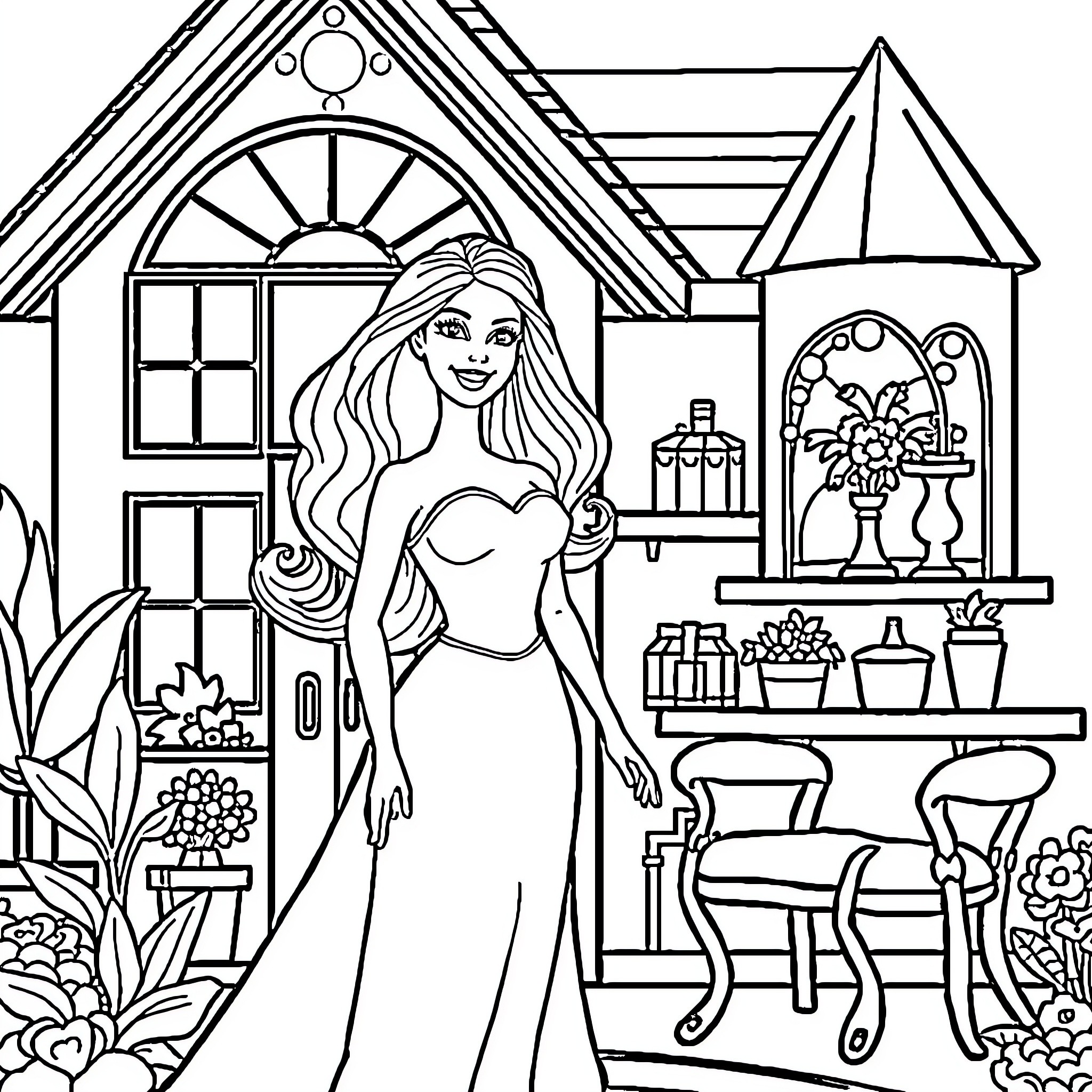 Barbie enjoying a cozy day at home Coloring Page (free black-and-white line drawing printable PDF for all, from beginners to advanced learners, including children, teens, adults, and seniors)