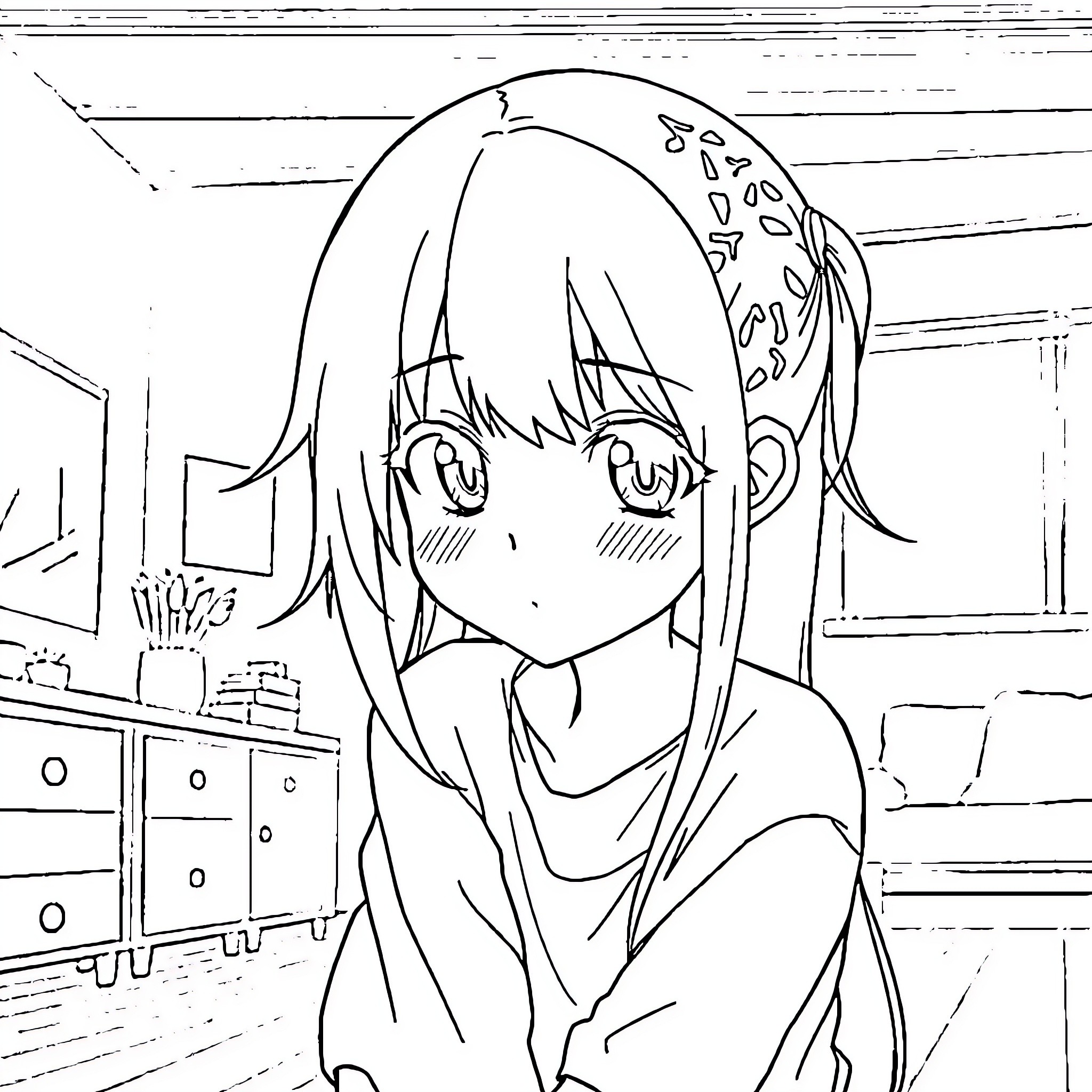 Anime Girl with Expressive Face in Bedroom Coloring Page (free black-and-white line drawing printable PDF for all, from beginners to advanced learners, including children, teens, adults, and seniors)