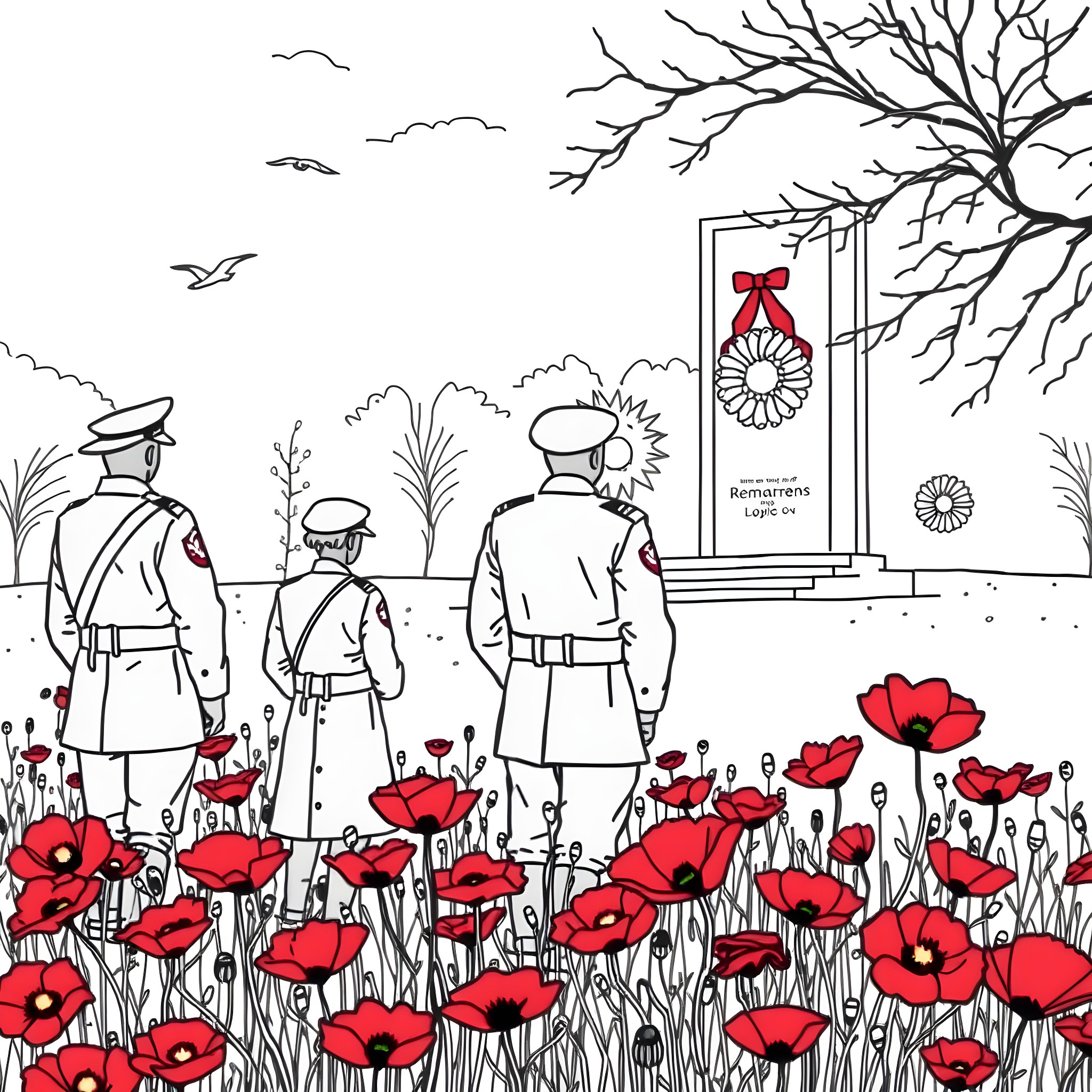 Remembrance Day soldiers paying respects amidst poppies Coloring Page (free black-and-white line drawing printable PDF for all, from beginners to advanced learners, including children, teens, adults, and seniors)