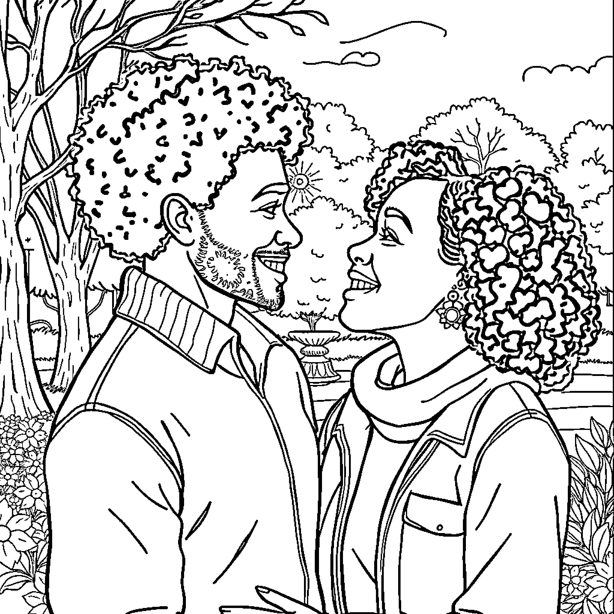 Love in the park - embracing couple Coloring Page (free black-and-white line drawing printable PDF for all, from beginners to advanced learners, including children, teens, adults, and seniors)