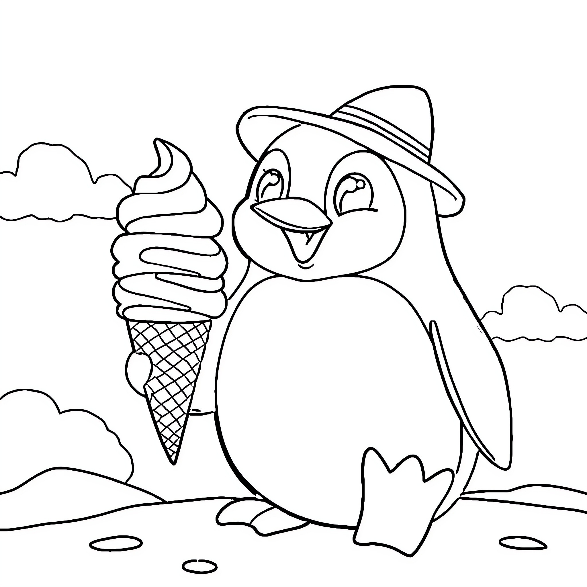 Penguin enjoying an ice cream cone in the park Coloring Page (free black-and-white line drawing printable PDF for all, from beginners to advanced learners, including children, teens, adults, and seniors)