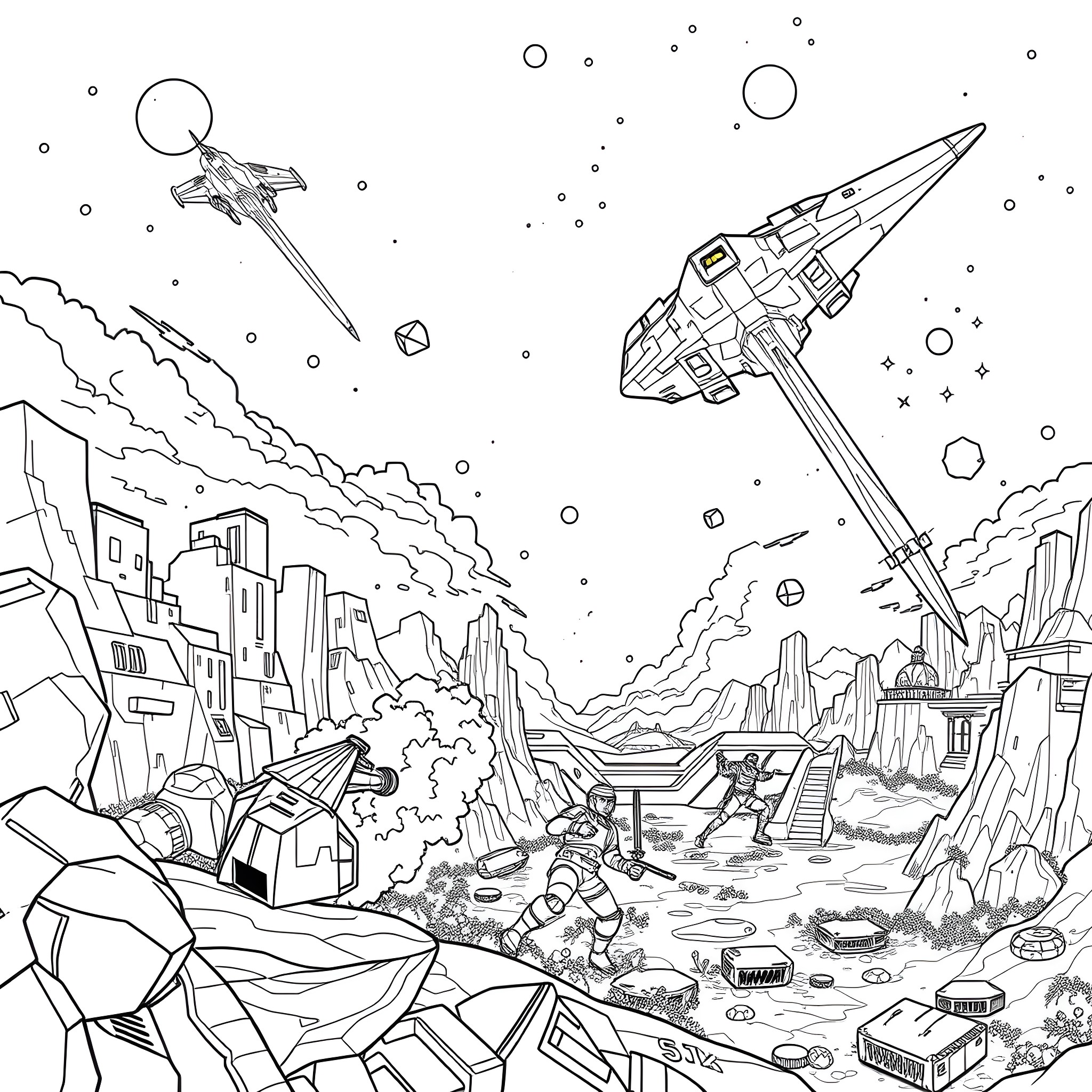 Minecraft alien spacecraft exploring futuristic alien landscape Coloring Page (free black-and-white line drawing printable PDF for all, from beginners to advanced learners, including children, teens, adults, and seniors)