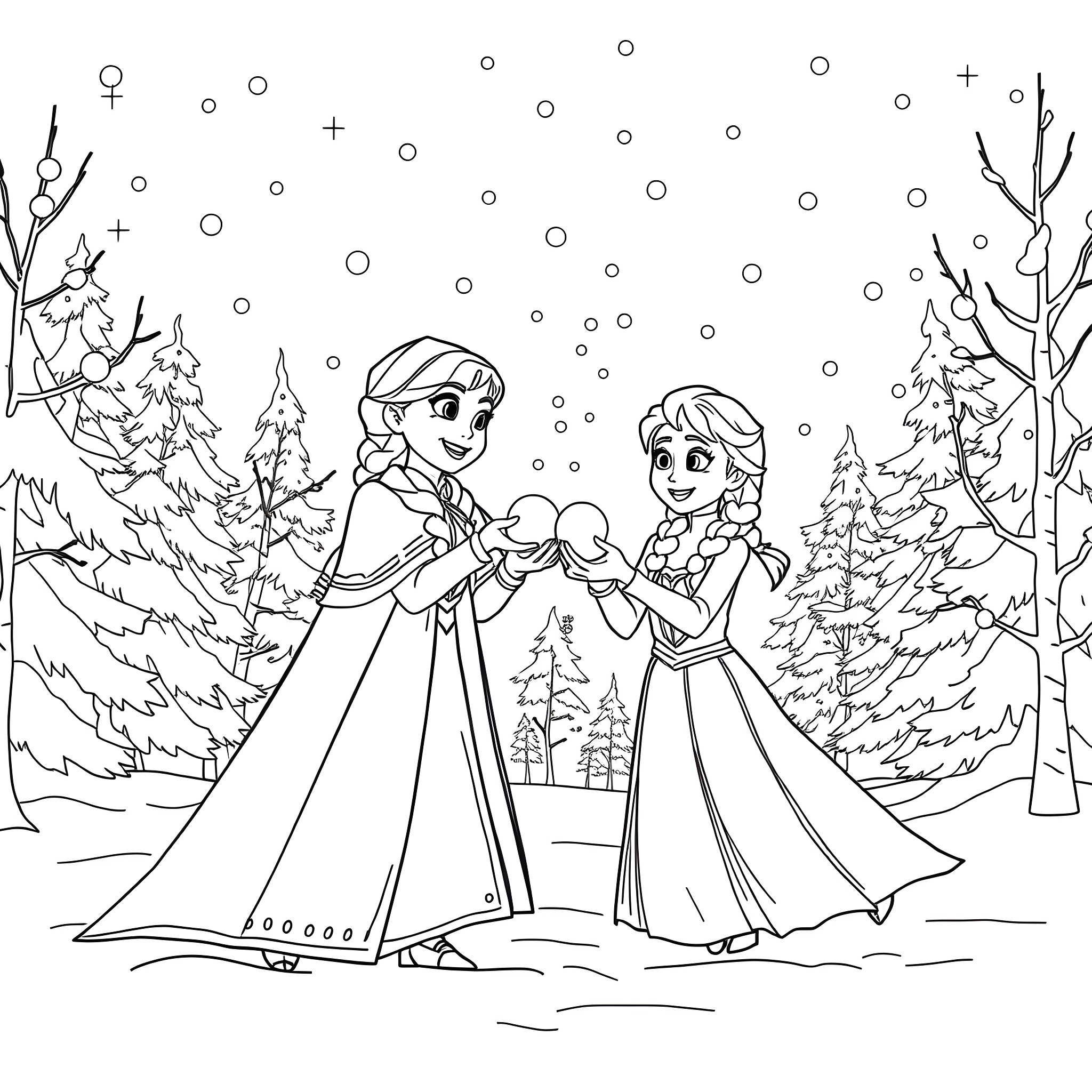 Elsa and Anna enjoying a winter wonderland Coloring Page (free black-and-white line drawing printable PDF for all, from beginners to advanced learners, including children, teens, adults, and seniors)