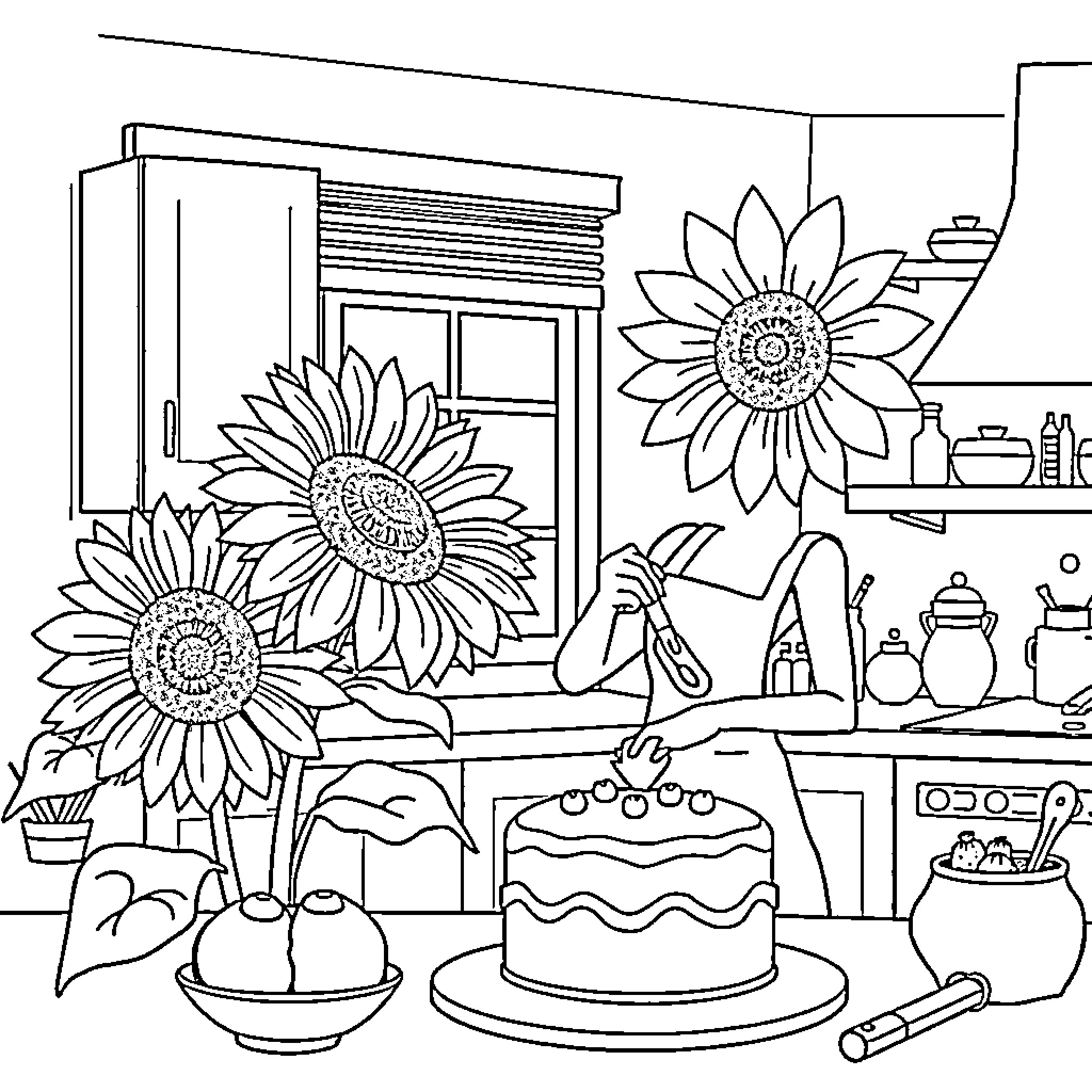 Sunflower Decorations and Baking in the Kitchen Coloring Page (free black-and-white line drawing printable PDF for all, from beginners to advanced learners, including children, teens, adults, and seniors)