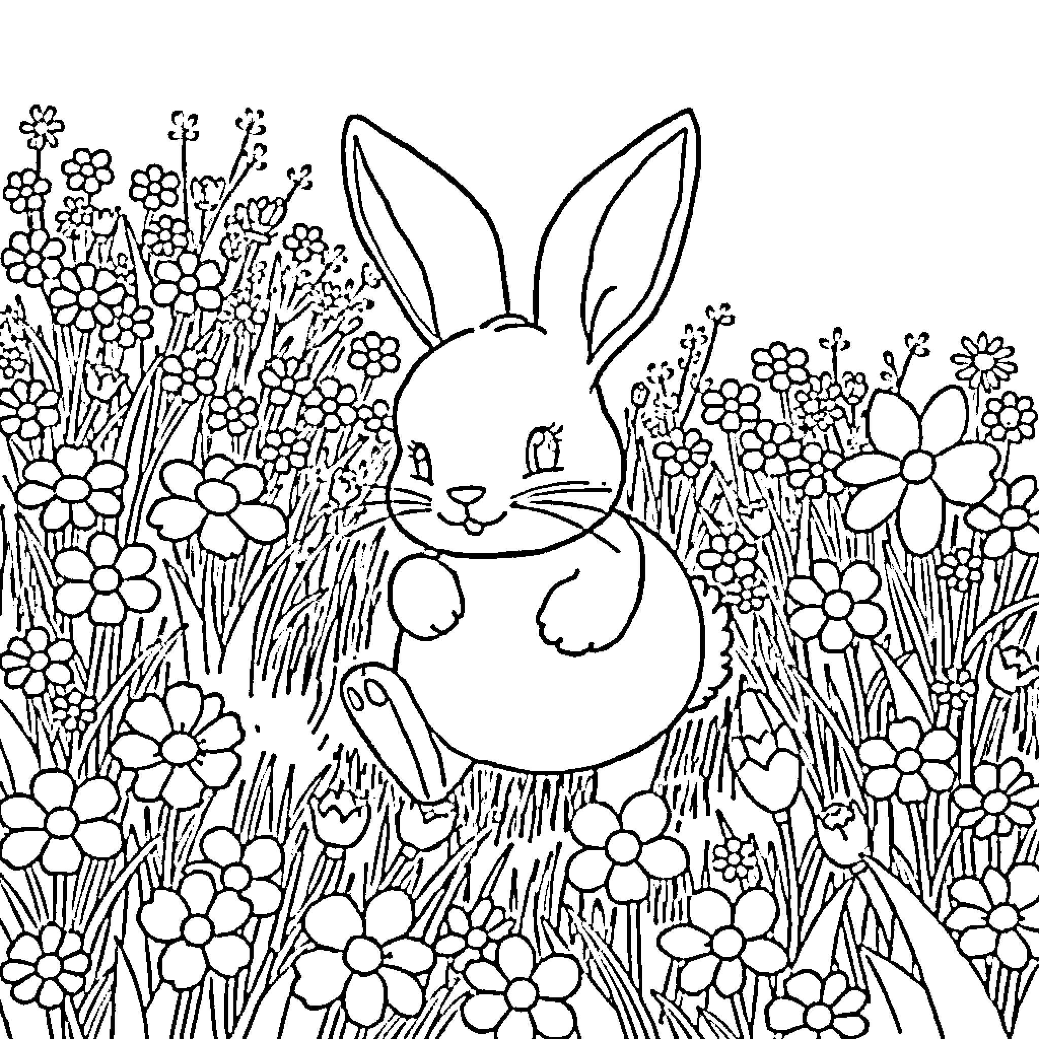 Bunny playing in a floral meadow Coloring Page (free black-and-white line drawing printable PDF for all, from beginners to advanced learners, including children, teens, adults, and seniors)