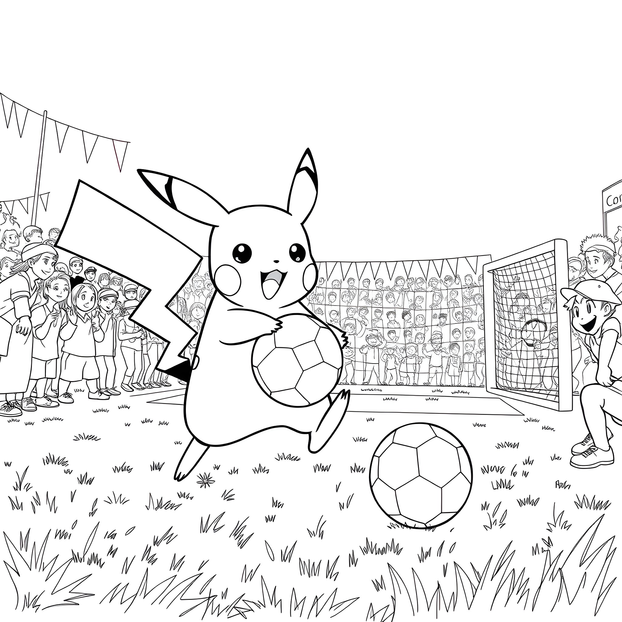 Pikachu Playing Soccer with Cheerful Fans in Stadium Coloring Page (free black-and-white line drawing printable PDF for all, from beginners to advanced learners, including children, teens, adults, and seniors)