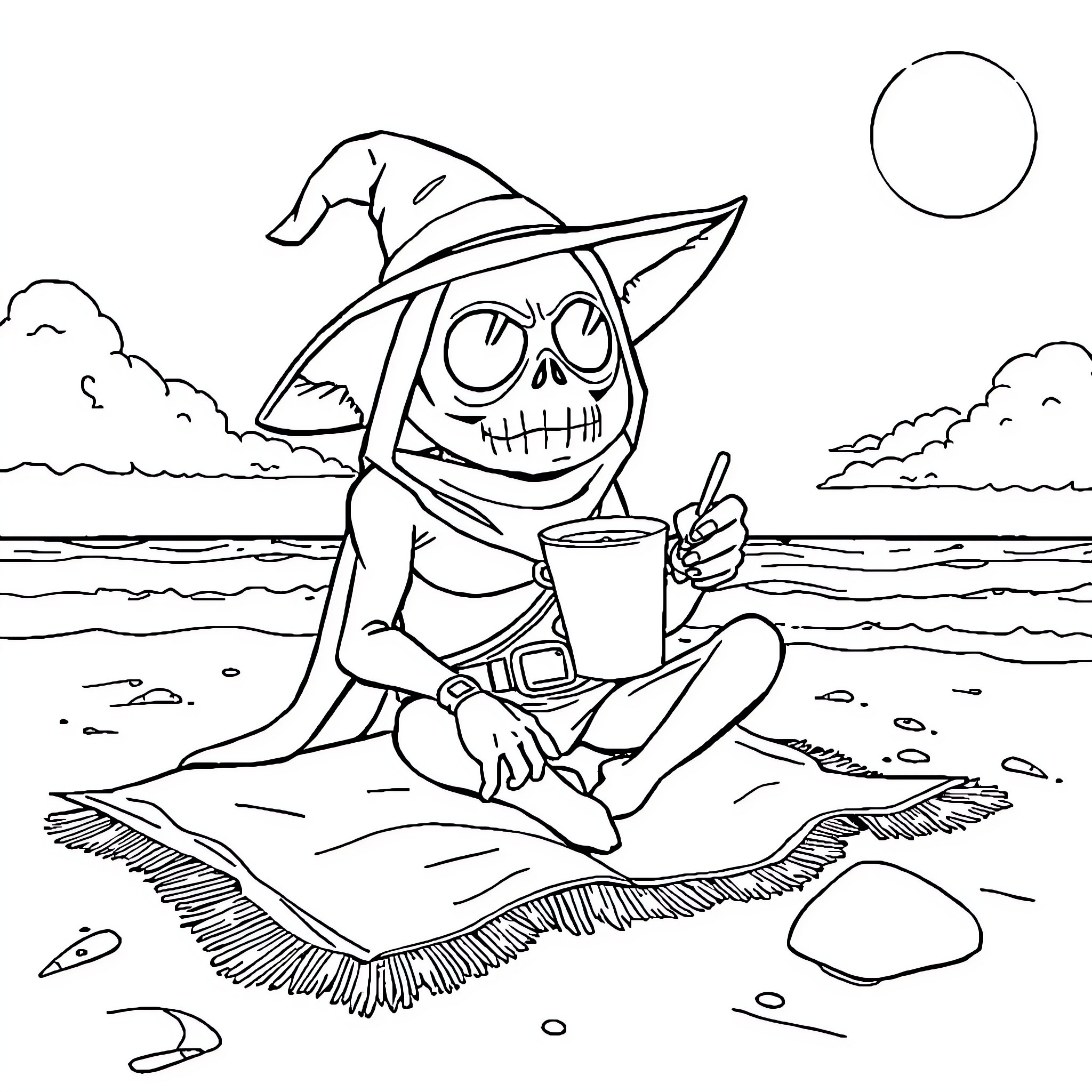 Cappuccino on the beach with a smiling witch Coloring Page (free black-and-white line drawing printable PDF for all, from beginners to advanced learners, including children, teens, adults, and seniors)