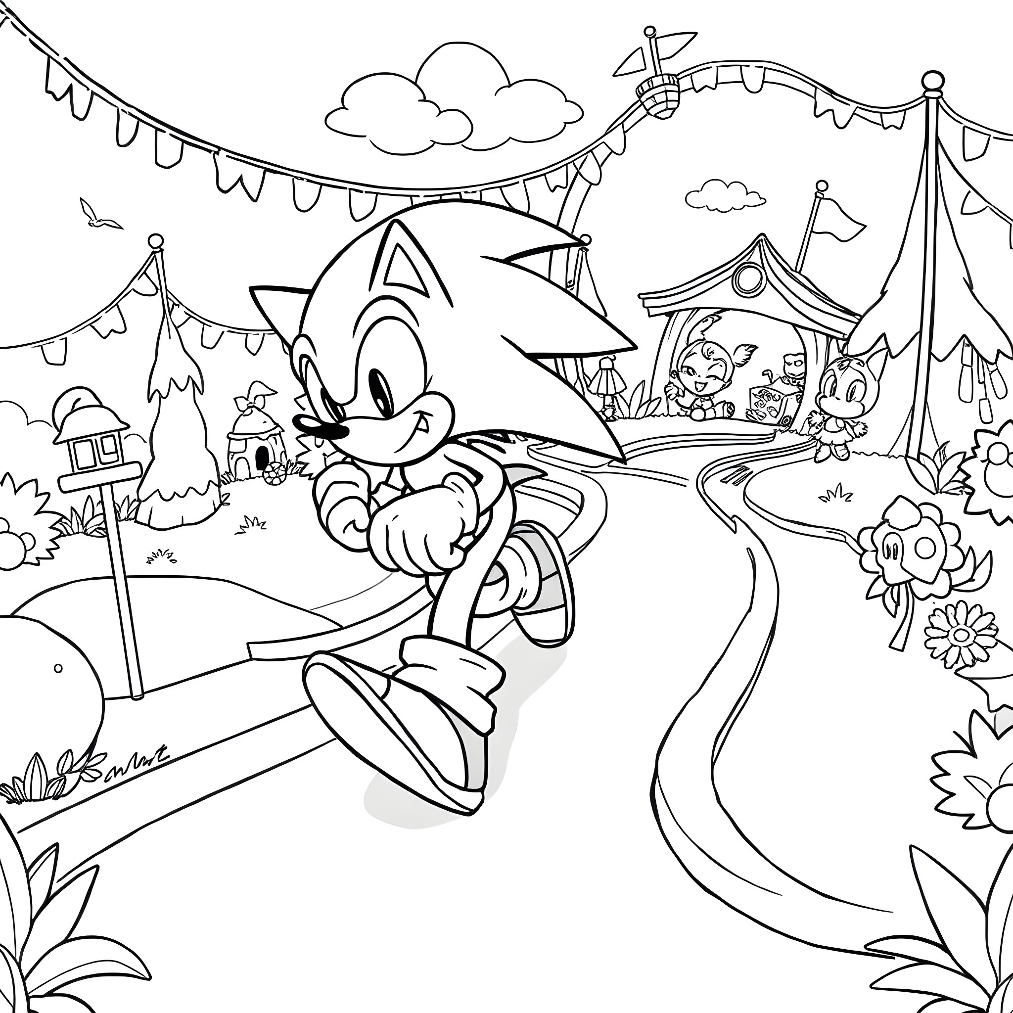 Sonic's Playful Adventure in the Festive Landscape Coloring Page (free black-and-white line drawing printable PDF for all, from beginners to advanced learners, including children, teens, adults, and seniors)