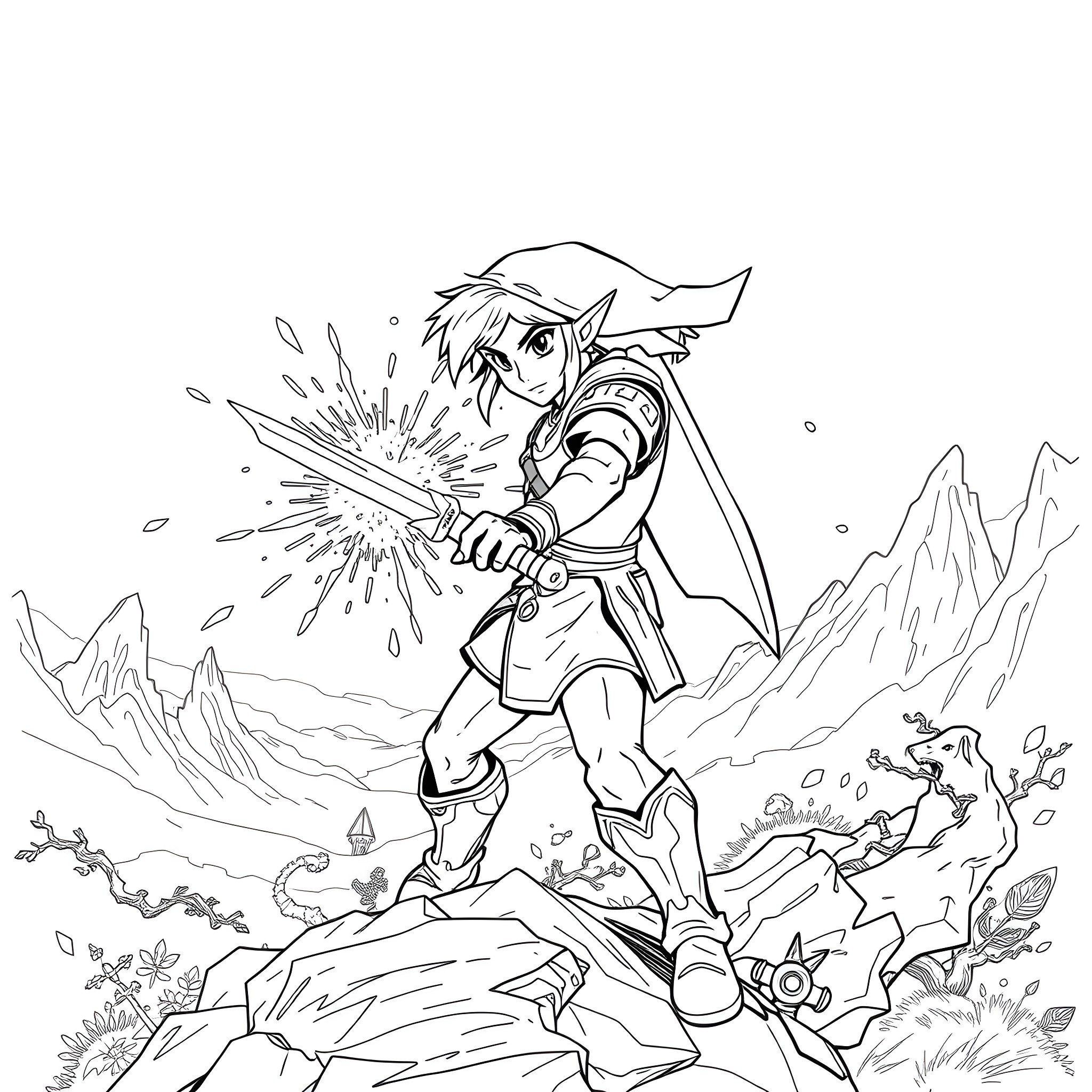 Link Battling Foes in the Wilderness Coloring Page (free black-and-white line drawing printable PDF for all, from beginners to advanced learners, including children, teens, adults, and seniors)