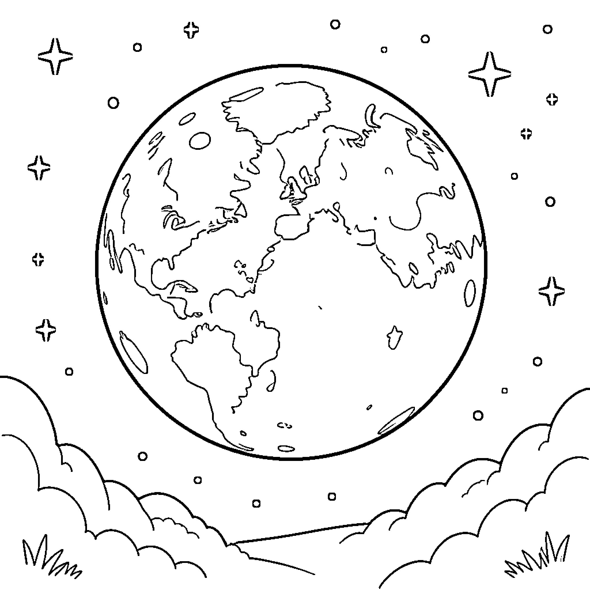 Moon Shining Bright Over the Peaceful Earth Coloring Page (free black-and-white line drawing printable PDF for all, from beginners to advanced learners, including children, teens, adults, and seniors)