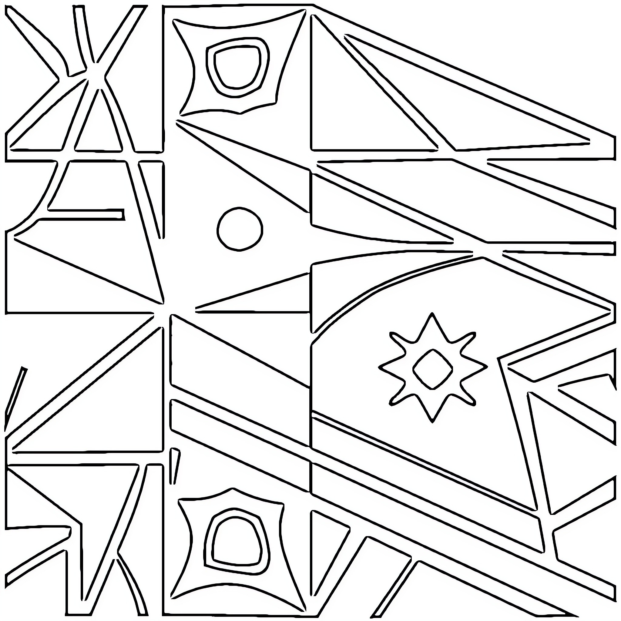 Geometric Abstract Shapes and Patterns Coloring Page (free black-and-white line drawing printable PDF for all, from beginners to advanced learners, including children, teens, adults, and seniors)