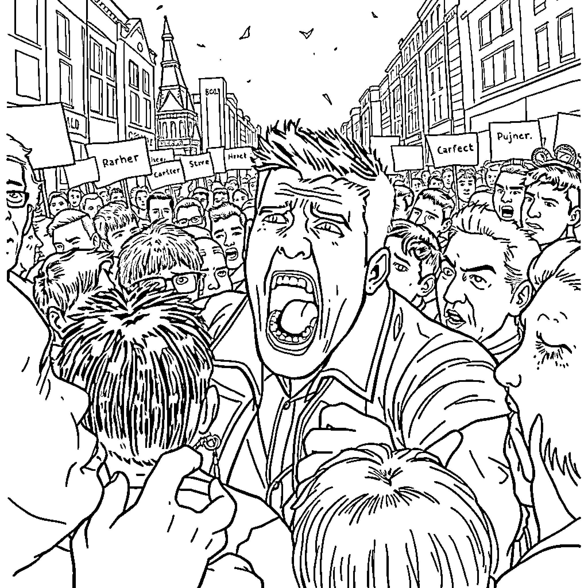 Kier Starmer in a crowd protest Coloring Page (free black-and-white line drawing printable PDF for all, from beginners to advanced learners, including children, teens, adults, and seniors)