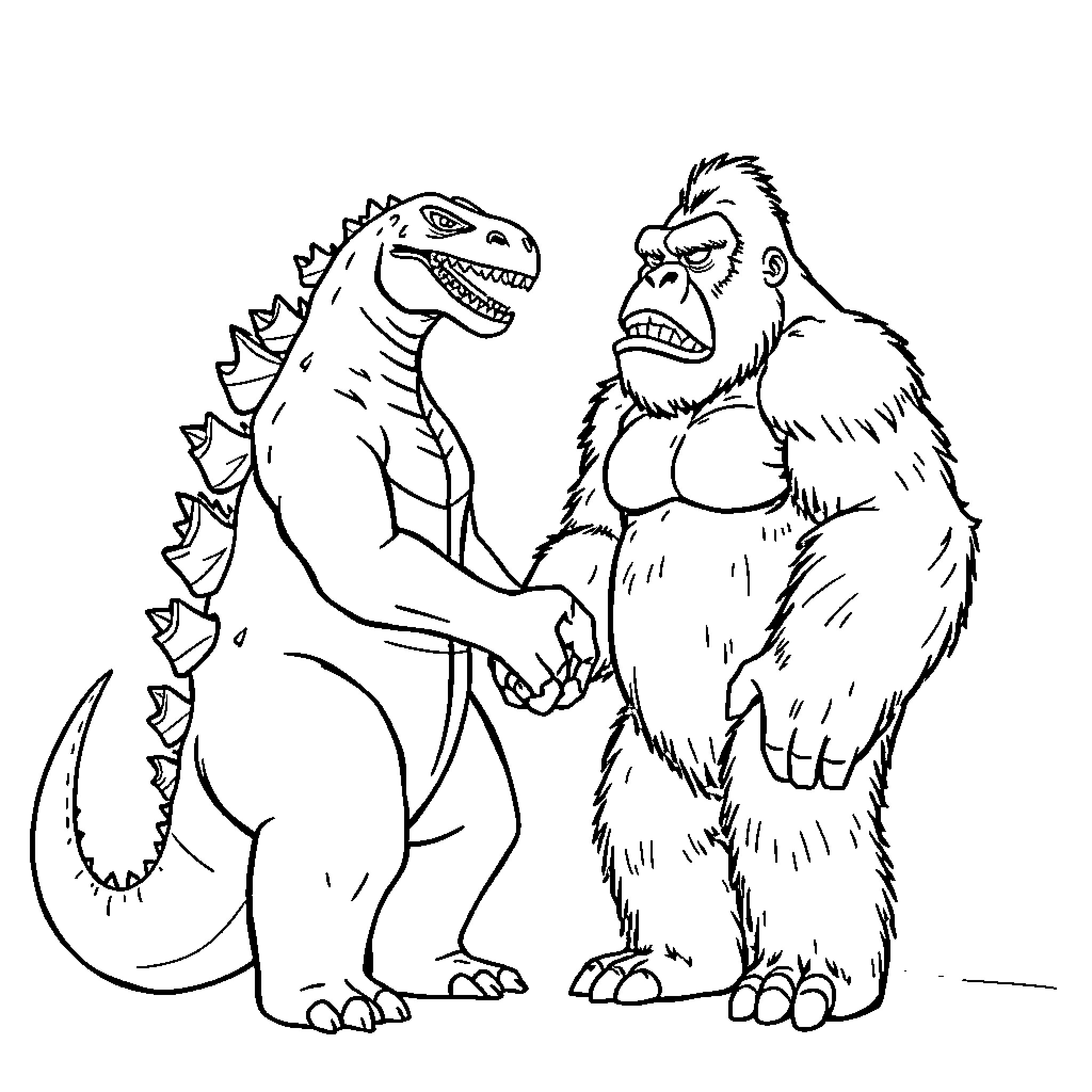 Godzilla and Bigfoot shake hands in a friendly encounter Coloring Page (free black-and-white line drawing printable PDF for all, from beginners to advanced learners, including children, teens, adults, and seniors)