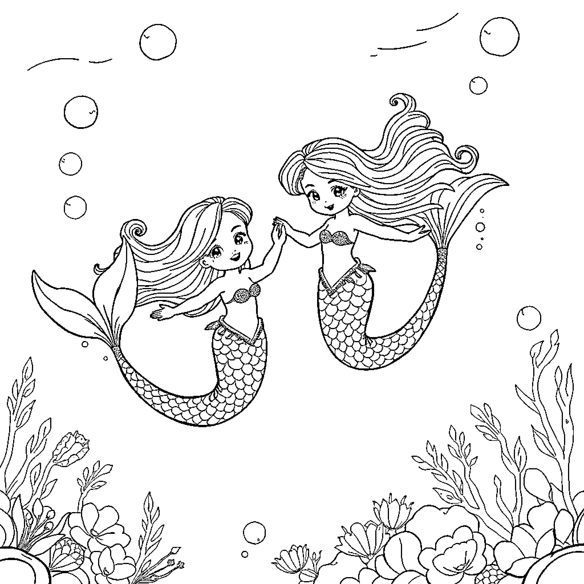 Mermaid sisters playing together underwater Coloring Page (free black-and-white line drawing printable PDF for all, from beginners to advanced learners, including children, teens, adults, and seniors)
