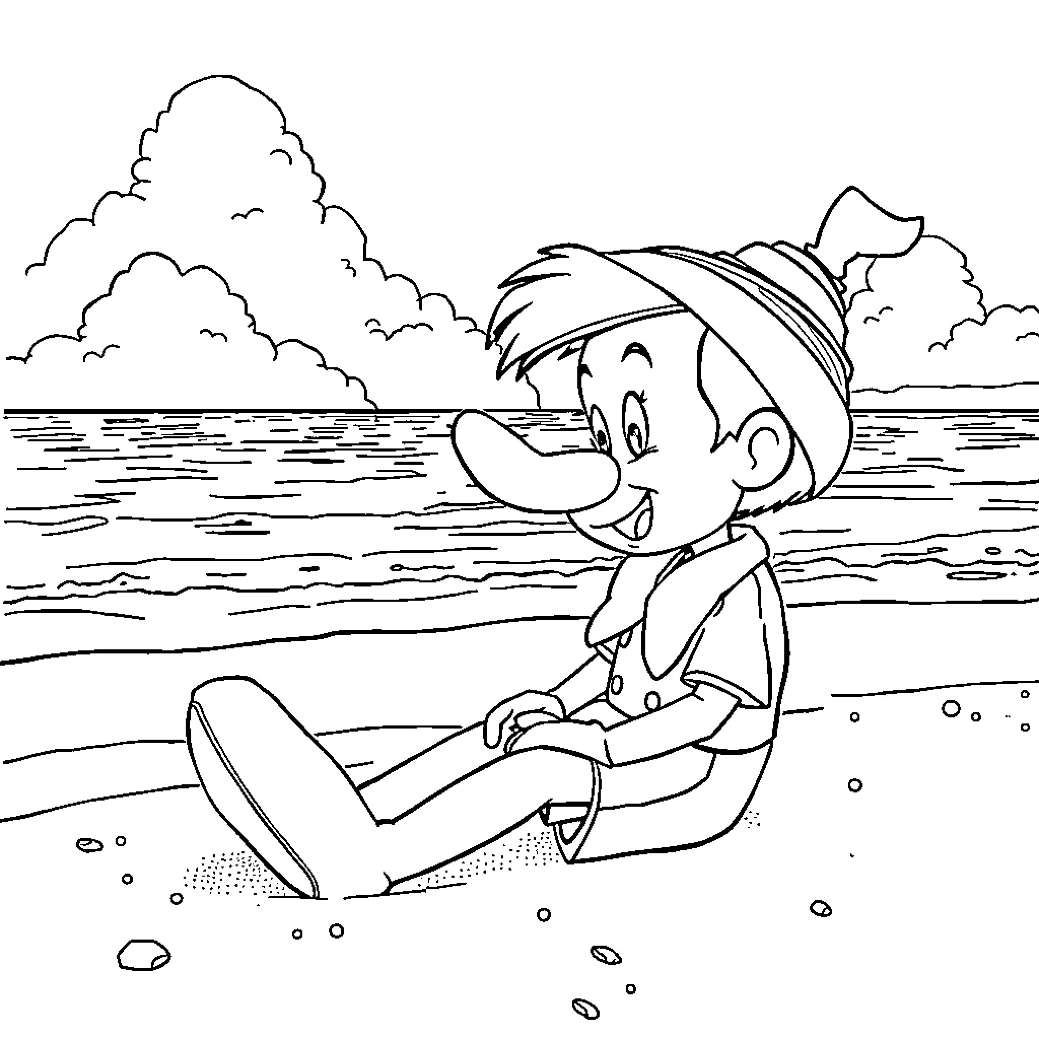 Pinocchio enjoying a day at the beach Coloring Page (free black-and-white line drawing printable PDF for all, from beginners to advanced learners, including children, teens, adults, and seniors)