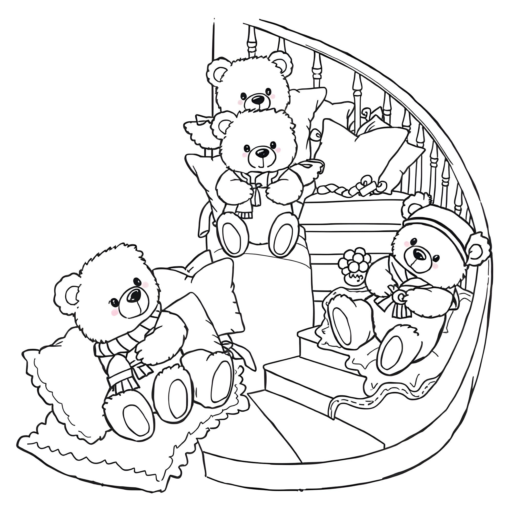 Teddy Bears Playing in a Cozy Home Coloring Page (free black-and-white line drawing printable PDF for all, from beginners to advanced learners, including children, teens, adults, and seniors)